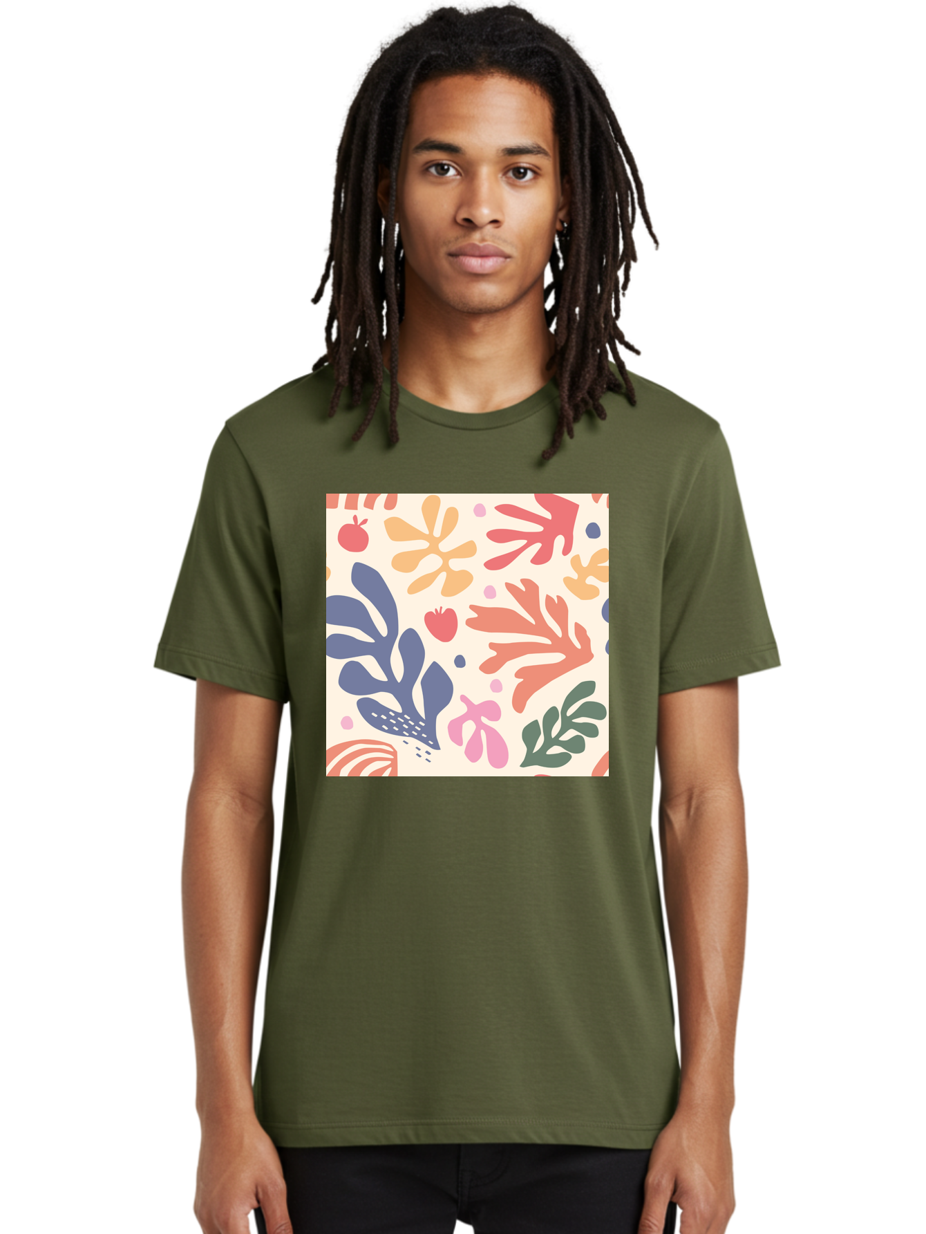 Colorful-Floral-Pattern Men'S Graphic Tee, 100% Cotton, Comfortable Casual Summer Wear, Machine Washable, Colorful Floral Pattern, Abstract Flowers, Vibrant Colors, Playful Design, Whimsical Elements, Artistic Illustration, Red Apple, Aab608