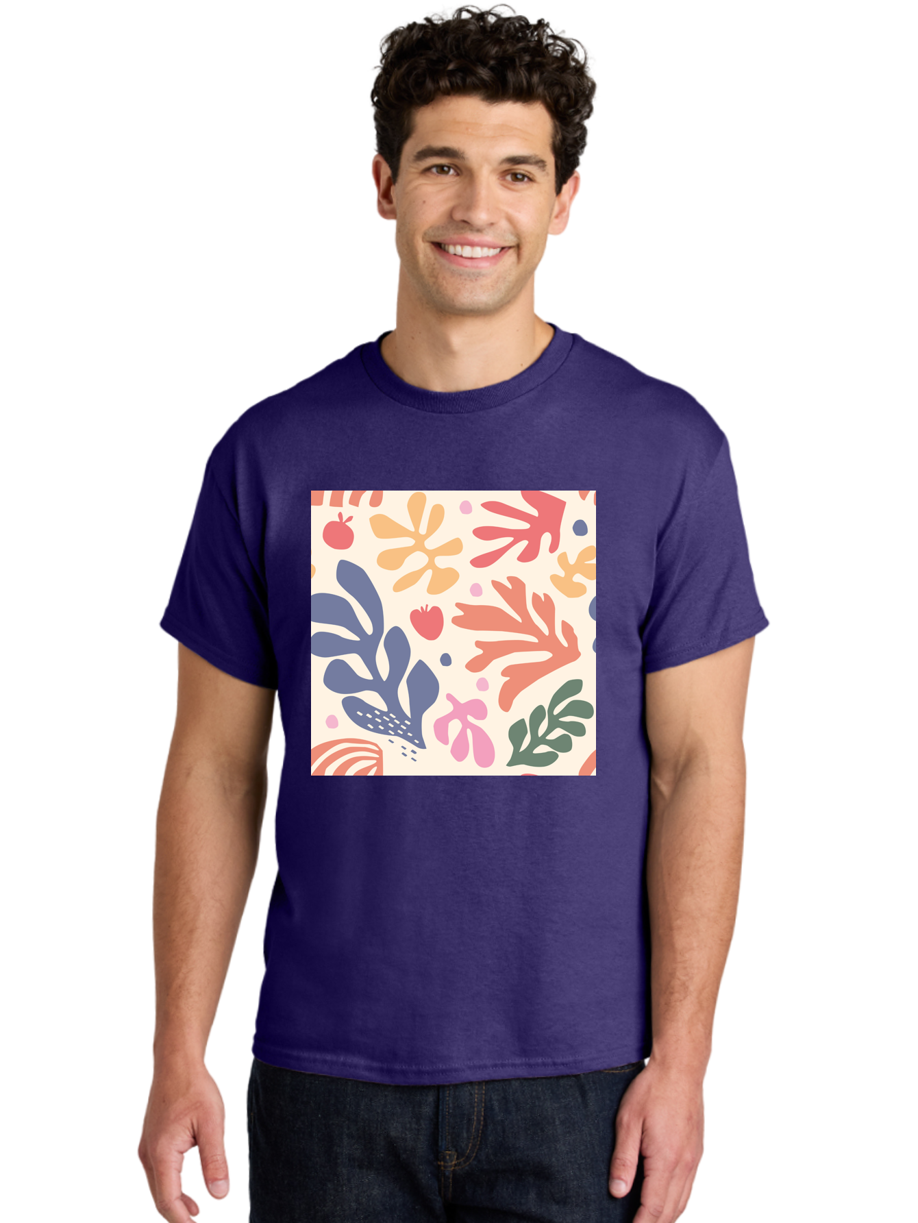 Colorful-Floral-Pattern Men'S Graphic Tee, 100% Cotton, Comfortable Casual Summer Wear, Machine Washable, Colorful Floral Pattern, Abstract Flowers, Vibrant Colors, Playful Design, Whimsical Elements, Artistic Illustration, Red Apple, Aab608