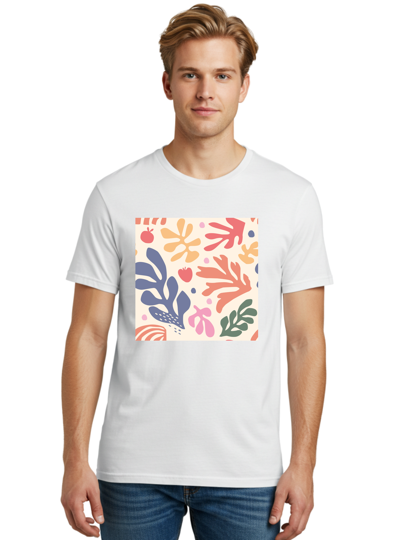 Colorful-Floral-Pattern Men'S Graphic Tee, 100% Cotton, Comfortable Casual Summer Wear, Machine Washable, Colorful Floral Pattern, Abstract Flowers, Vibrant Colors, Playful Design, Whimsical Elements, Artistic Illustration, Red Apple, Aab608