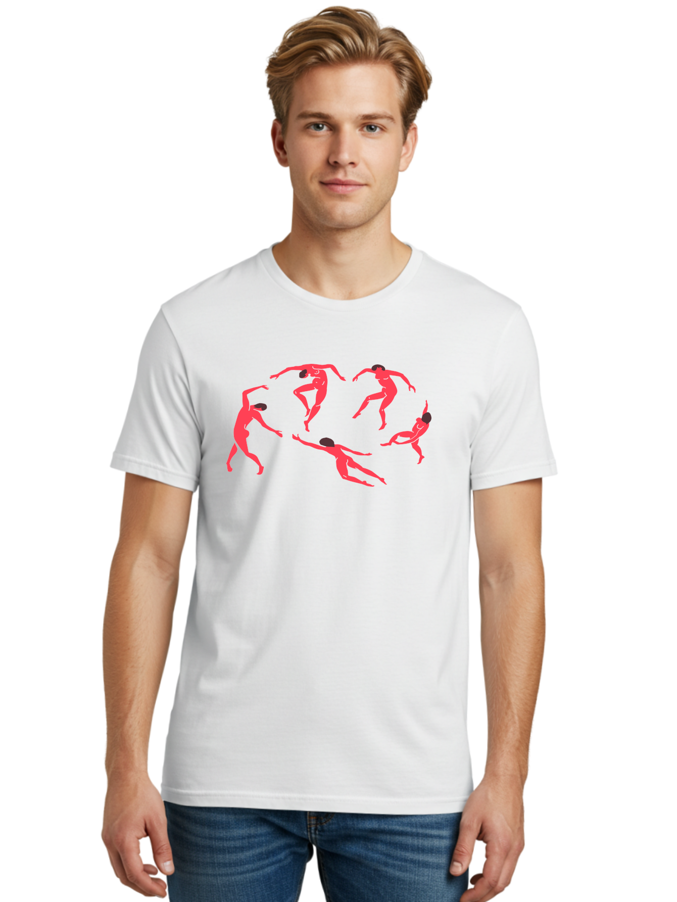 Dancing-Figures-1 Men'S Graphic Tee, 100% Cotton, Comfortable Casual Summer Wear, Machine Washable, Dancing Figures, Dynamic Movement, Neon Pink Silhouettes, Black Hair, Contemporary Dance, Fluid Motion, Abstract Art, Modern Design Aab615