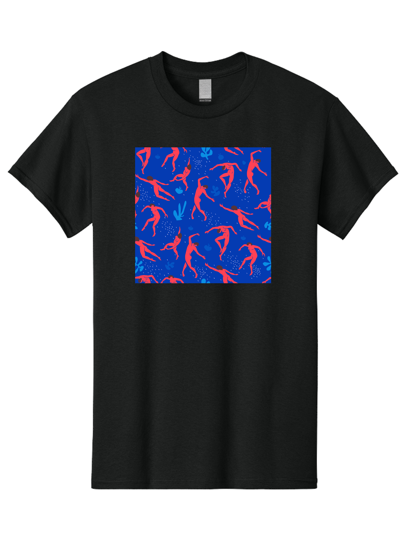 Dancing-Figures-2 Men'S Graphic Tee, 100% Cotton, Comfortable Casual Summer Wear, Machine Washable, Female Figures Dancing, Abstract Shapes, Vibrant Colors, Dynamic Patterns, Rhythmic Movement, Fitness Inspiration, Blue Background, Aab616