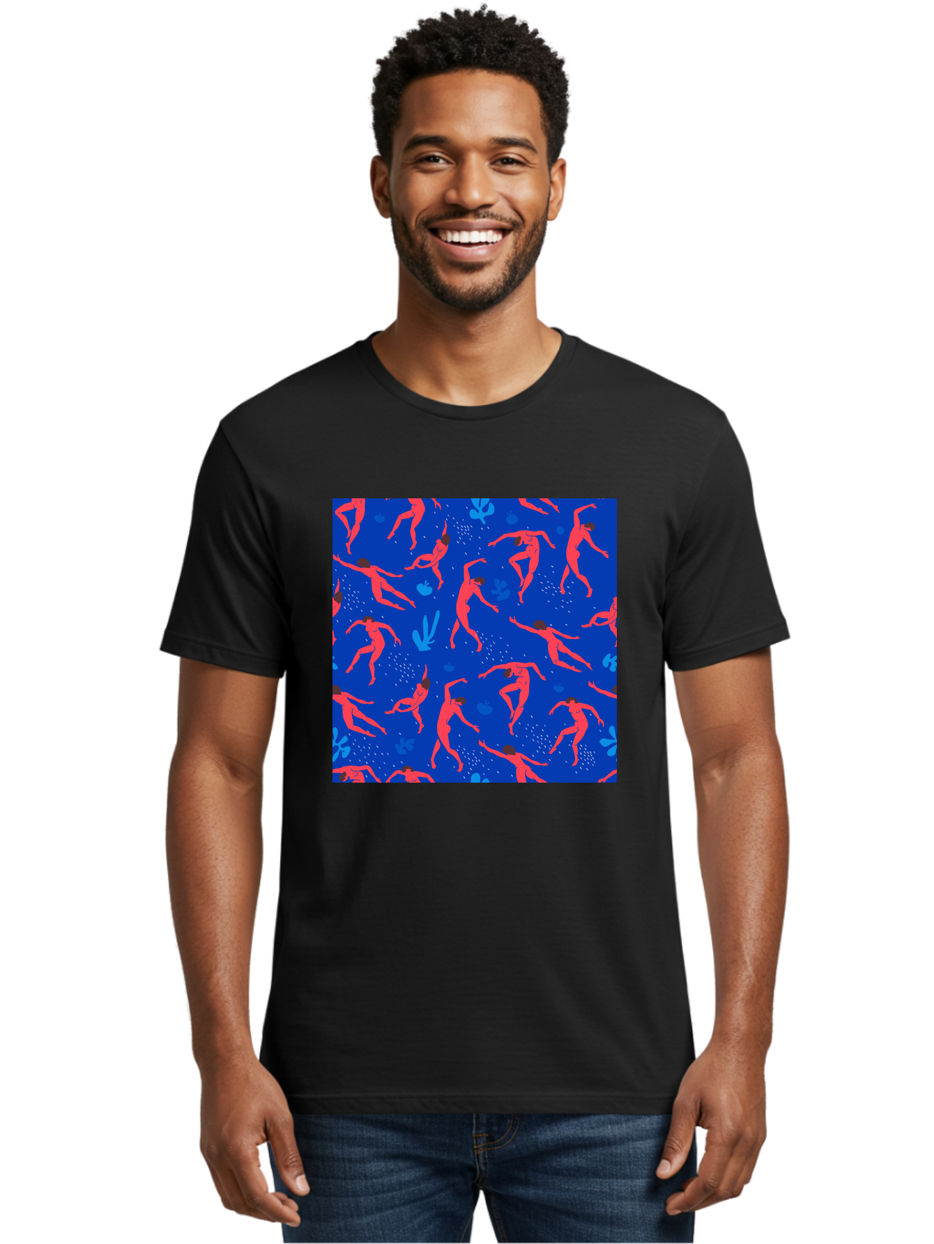 Dancing-Figures-2 Men'S Graphic Tee, 100% Cotton, Comfortable Casual Summer Wear, Machine Washable, Female Figures Dancing, Abstract Shapes, Vibrant Colors, Dynamic Patterns, Rhythmic Movement, Fitness Inspiration, Blue Background, Aab616