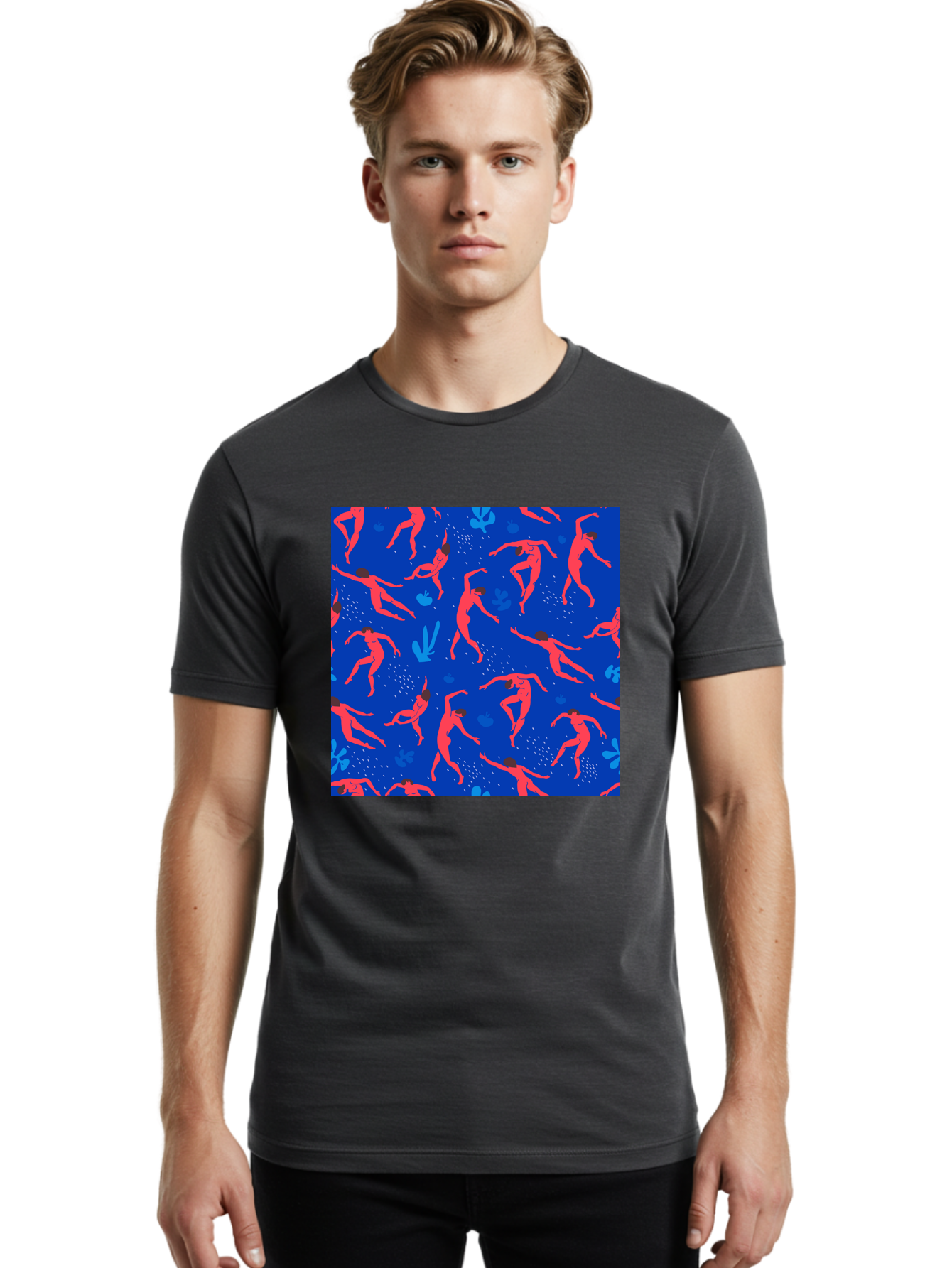 Dancing-Figures-2 Men'S Graphic Tee, 100% Cotton, Comfortable Casual Summer Wear, Machine Washable, Female Figures Dancing, Abstract Shapes, Vibrant Colors, Dynamic Patterns, Rhythmic Movement, Fitness Inspiration, Blue Background, Aab616