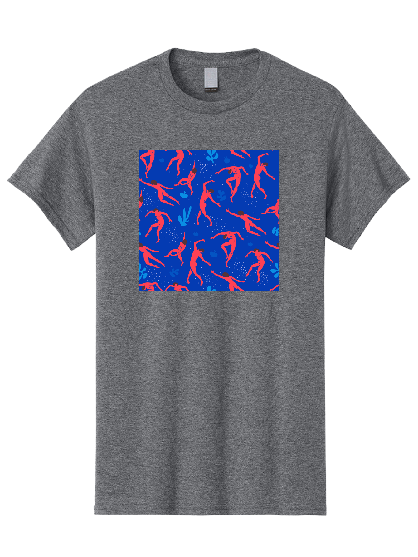 Dancing-Figures-2 Men'S Graphic Tee, 100% Cotton, Comfortable Casual Summer Wear, Machine Washable, Female Figures Dancing, Abstract Shapes, Vibrant Colors, Dynamic Patterns, Rhythmic Movement, Fitness Inspiration, Blue Background, Aab616
