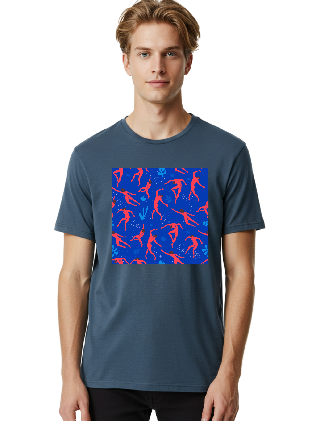 Dancing-Figures-2 Men'S Graphic Tee, 100% Cotton, Comfortable Casual Summer Wear, Machine Washable, Female Figures Dancing, Abstract Shapes, Vibrant Colors, Dynamic Patterns, Rhythmic Movement, Fitness Inspiration, Blue Background, Aab616