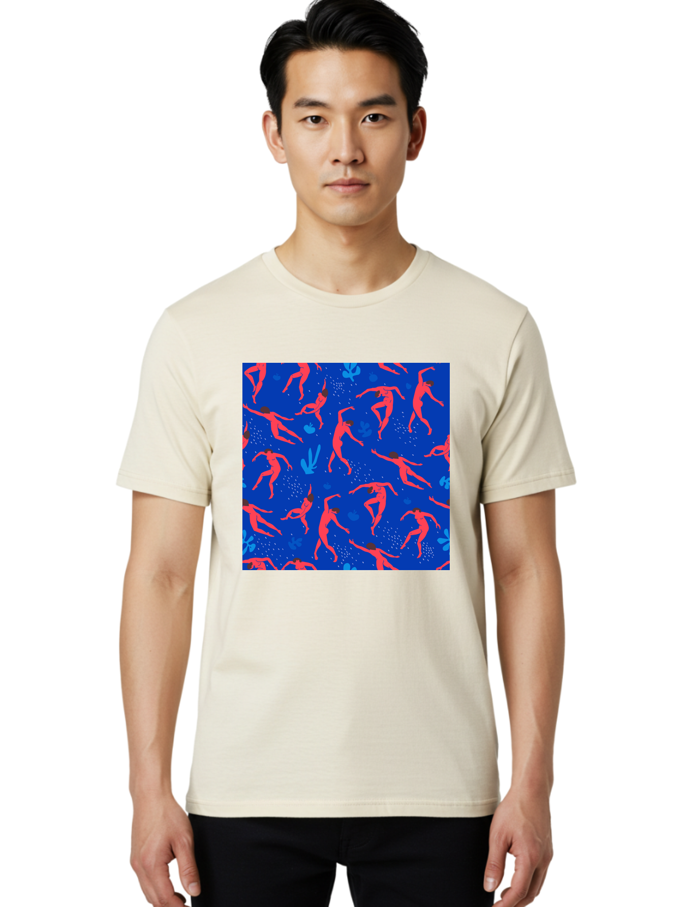 Dancing-Figures-2 Men'S Graphic Tee, 100% Cotton, Comfortable Casual Summer Wear, Machine Washable, Female Figures Dancing, Abstract Shapes, Vibrant Colors, Dynamic Patterns, Rhythmic Movement, Fitness Inspiration, Blue Background, Aab616