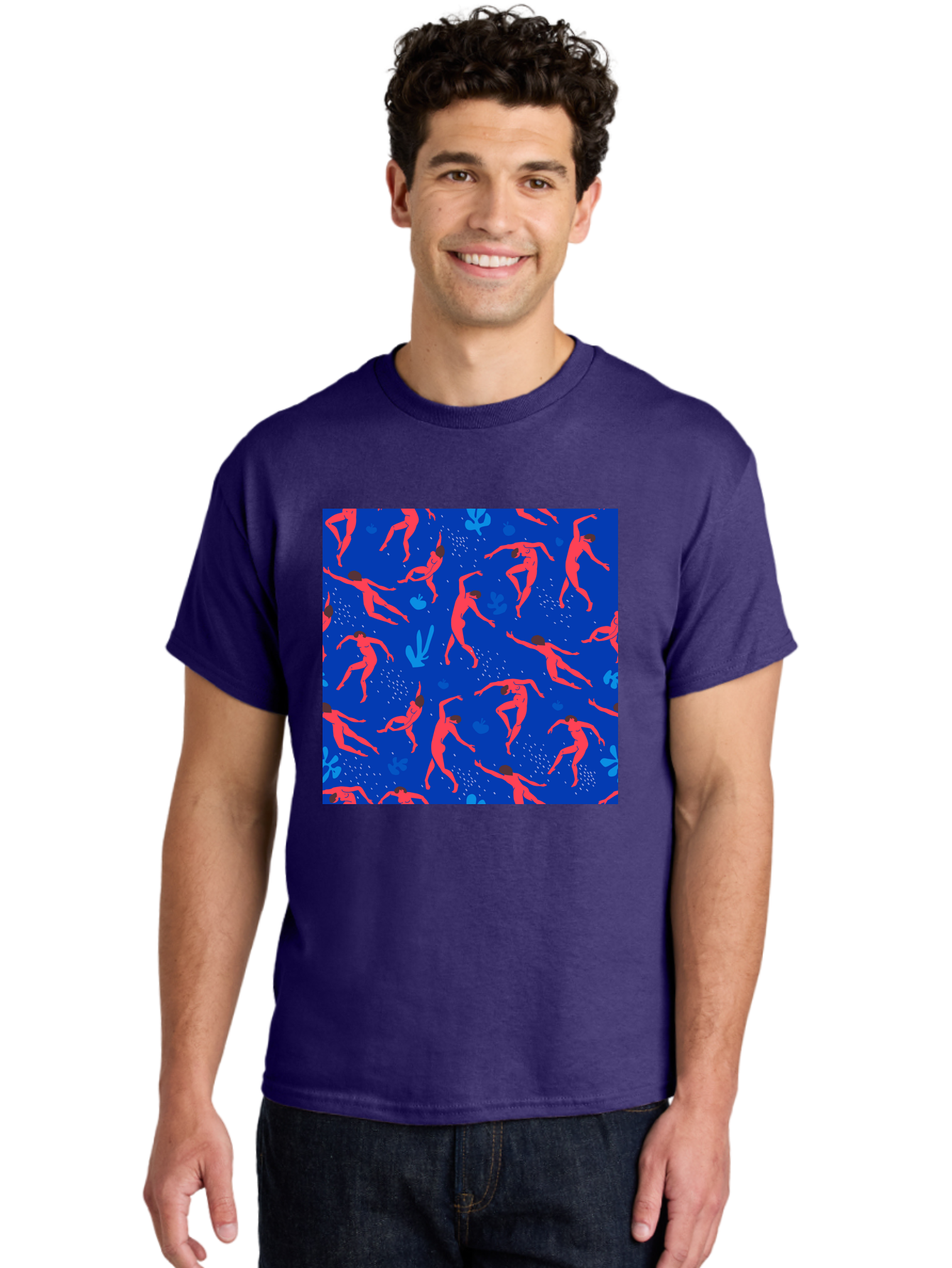 Dancing-Figures-2 Men'S Graphic Tee, 100% Cotton, Comfortable Casual Summer Wear, Machine Washable, Female Figures Dancing, Abstract Shapes, Vibrant Colors, Dynamic Patterns, Rhythmic Movement, Fitness Inspiration, Blue Background, Aab616