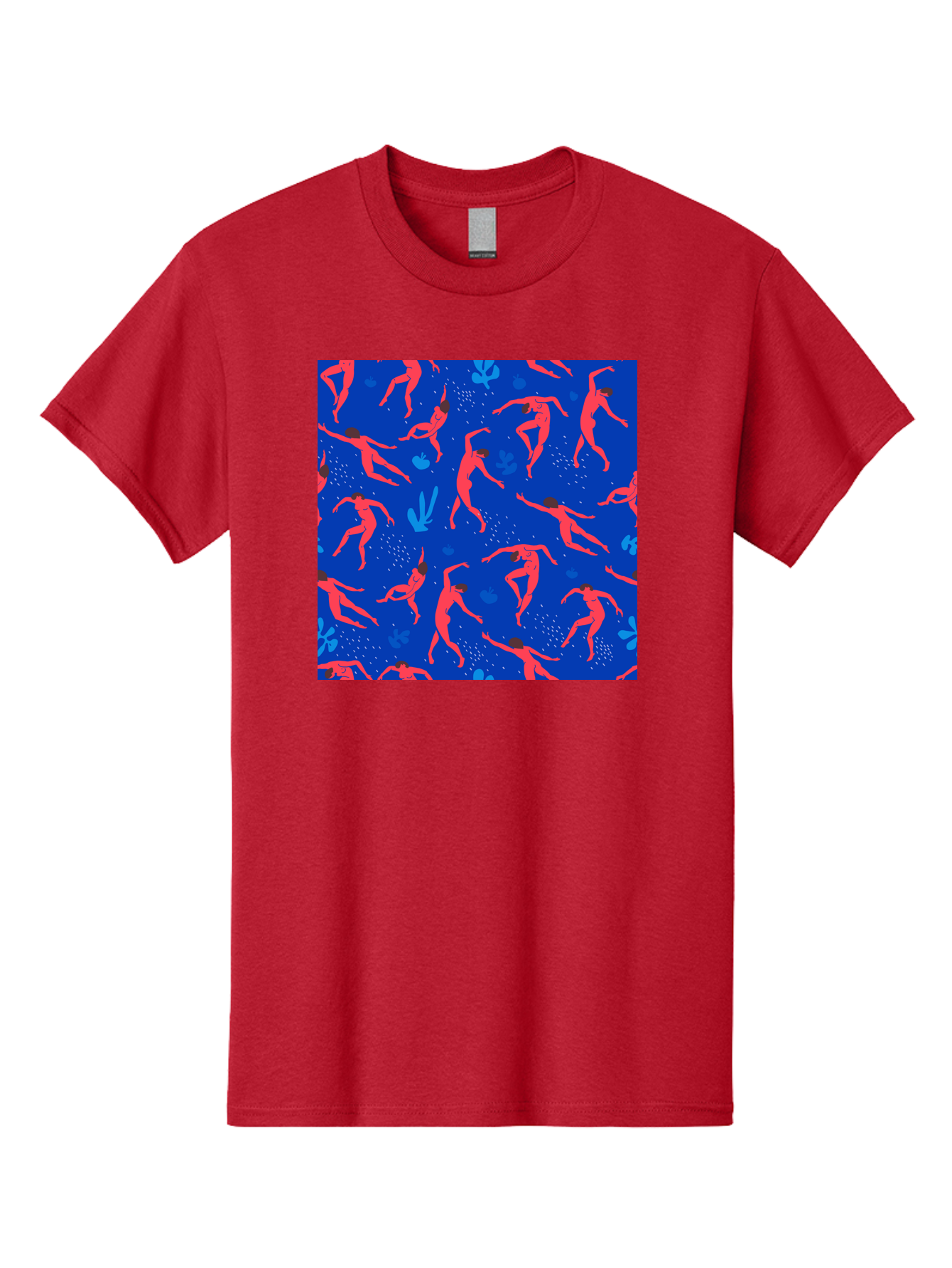 Dancing-Figures-2 Men'S Graphic Tee, 100% Cotton, Comfortable Casual Summer Wear, Machine Washable, Female Figures Dancing, Abstract Shapes, Vibrant Colors, Dynamic Patterns, Rhythmic Movement, Fitness Inspiration, Blue Background, Aab616