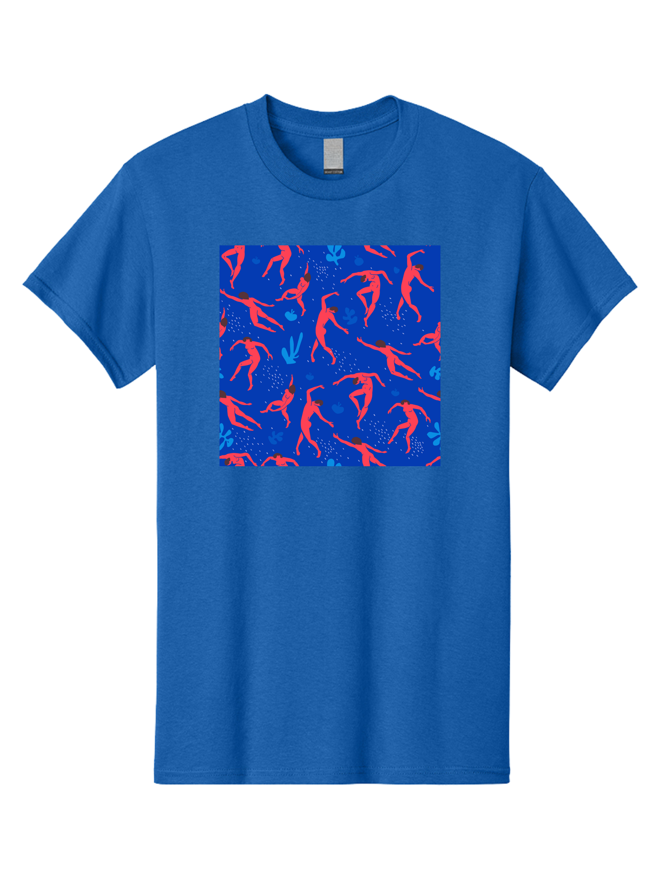 Dancing-Figures-2 Men'S Graphic Tee, 100% Cotton, Comfortable Casual Summer Wear, Machine Washable, Female Figures Dancing, Abstract Shapes, Vibrant Colors, Dynamic Patterns, Rhythmic Movement, Fitness Inspiration, Blue Background, Aab616