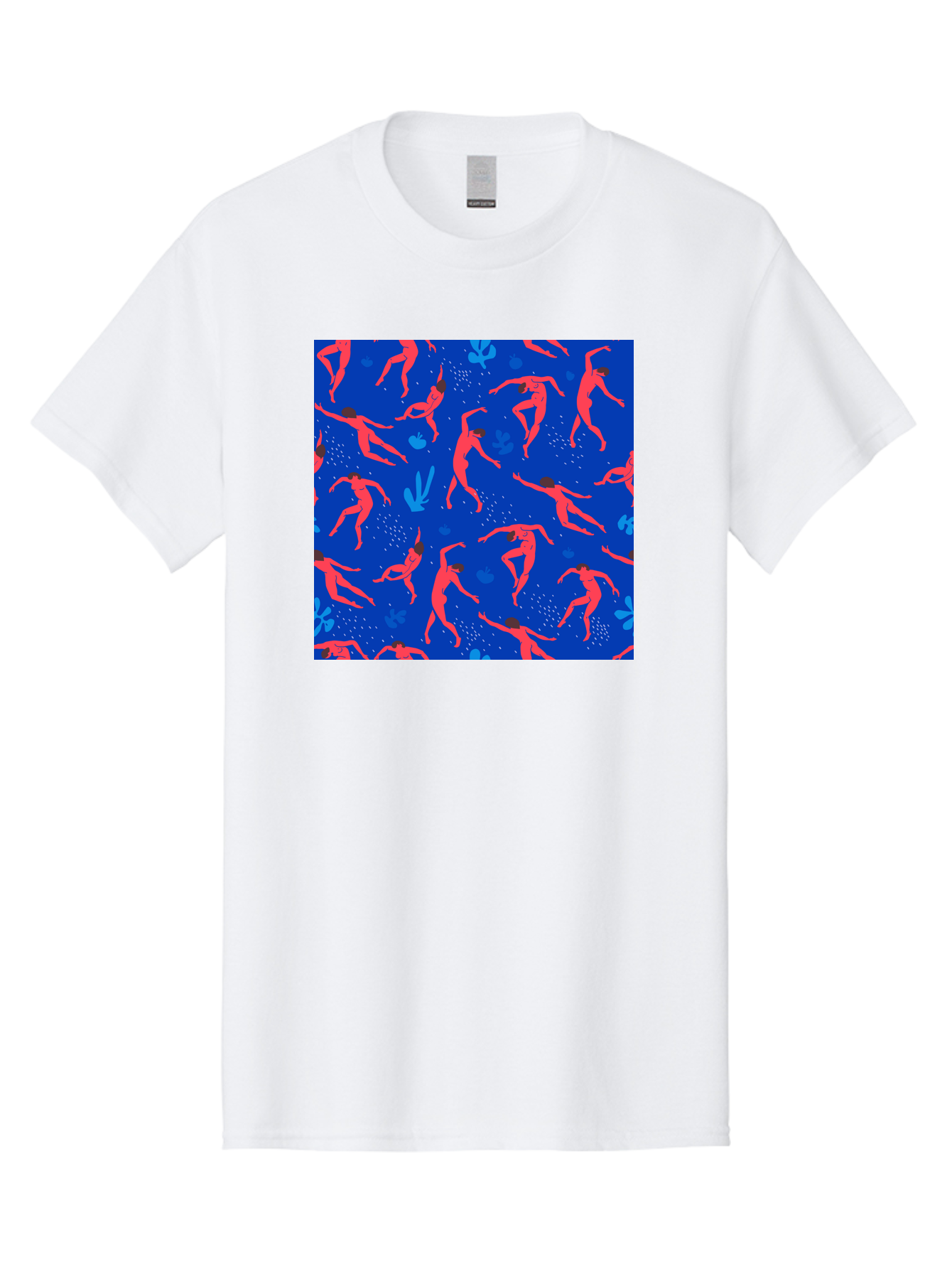 Dancing-Figures-2 Men'S Graphic Tee, 100% Cotton, Comfortable Casual Summer Wear, Machine Washable, Female Figures Dancing, Abstract Shapes, Vibrant Colors, Dynamic Patterns, Rhythmic Movement, Fitness Inspiration, Blue Background, Aab616