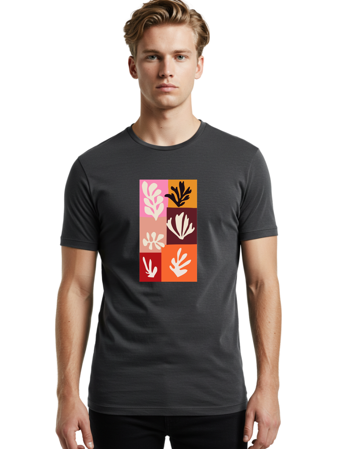 Leaf-Patterns Men'S Graphic Tee, 100% Cotton, Comfortable Casual Summer Wear, Machine Washable, Abstract Art, Cut-Out Technique, Floral Motifs, Bold Colors, Minimalist Design, Modern Art, Decorative Patterns, Leaf Silhouettes, Artistic Collage Aab622