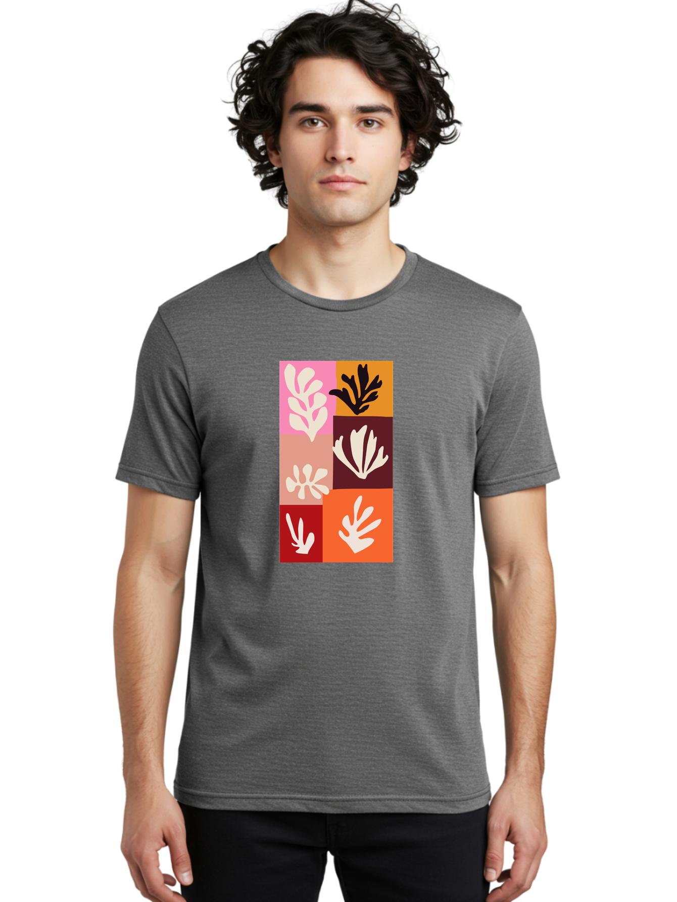 Leaf-Patterns Men'S Graphic Tee, 100% Cotton, Comfortable Casual Summer Wear, Machine Washable, Abstract Art, Cut-Out Technique, Floral Motifs, Bold Colors, Minimalist Design, Modern Art, Decorative Patterns, Leaf Silhouettes, Artistic Collage Aab622