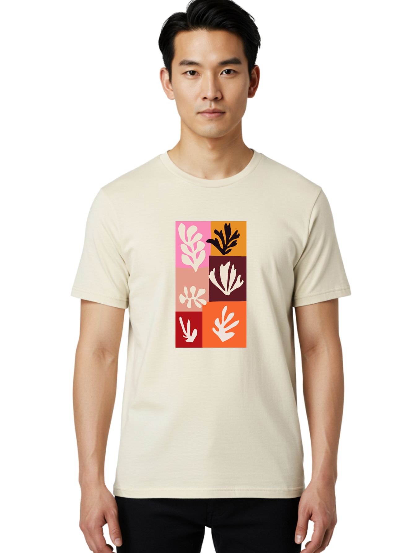 Leaf-Patterns Men'S Graphic Tee, 100% Cotton, Comfortable Casual Summer Wear, Machine Washable, Abstract Art, Cut-Out Technique, Floral Motifs, Bold Colors, Minimalist Design, Modern Art, Decorative Patterns, Leaf Silhouettes, Artistic Collage Aab622