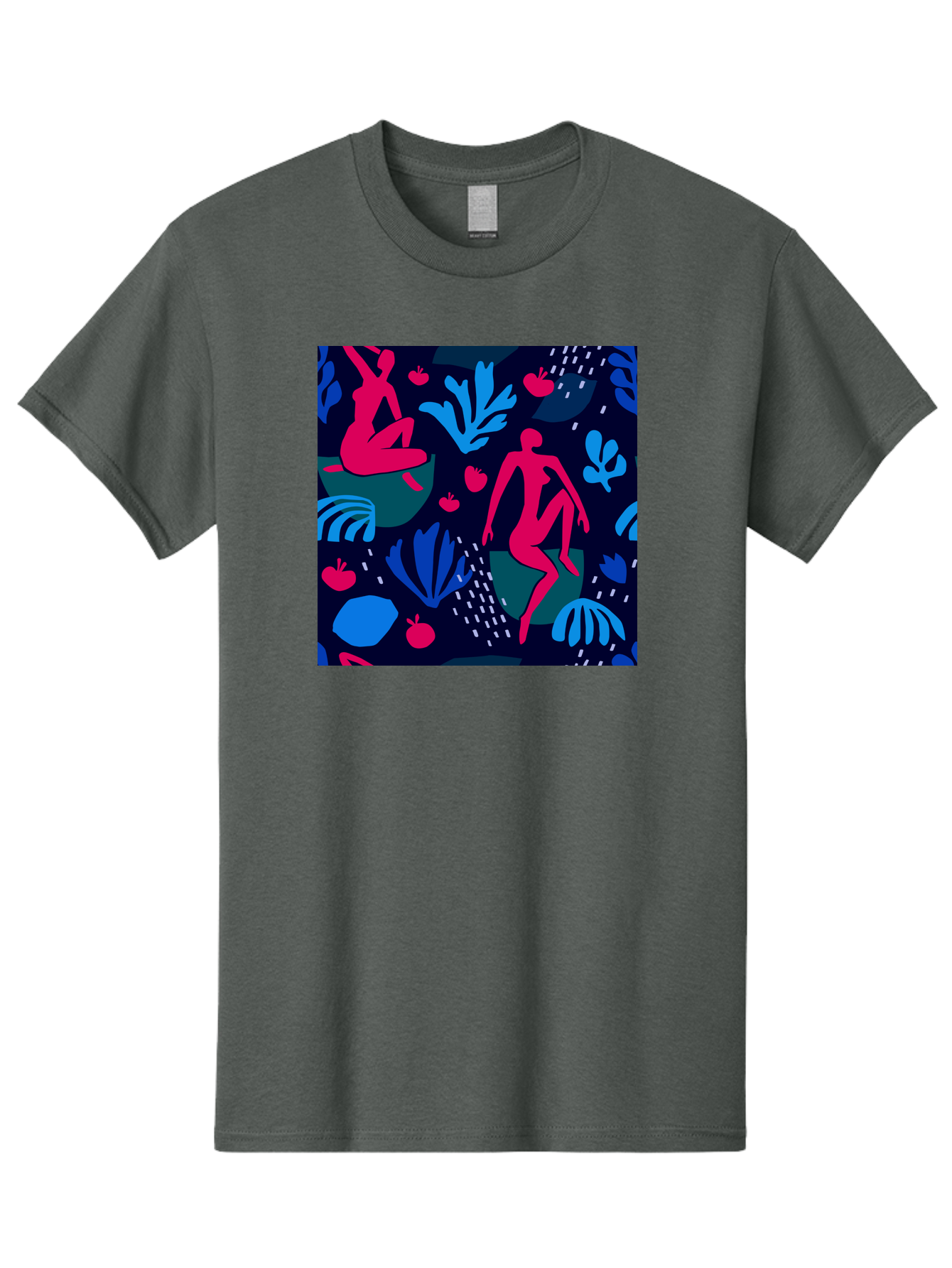 People-In-Nature Men'S Graphic Tee, 100% Cotton, Comfortable Casual Summer Wear, Machine Washable, Stylized Female Figures, Botanical Elements, Abstract Shapes, Vibrant Colors, Dynamic Composition, Modern Art, Surrealism, Creative Expression Aab624