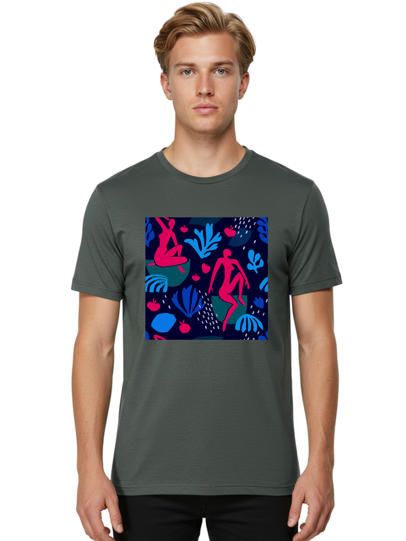 People-In-Nature Men'S Graphic Tee, 100% Cotton, Comfortable Casual Summer Wear, Machine Washable, Stylized Female Figures, Botanical Elements, Abstract Shapes, Vibrant Colors, Dynamic Composition, Modern Art, Surrealism, Creative Expression Aab624