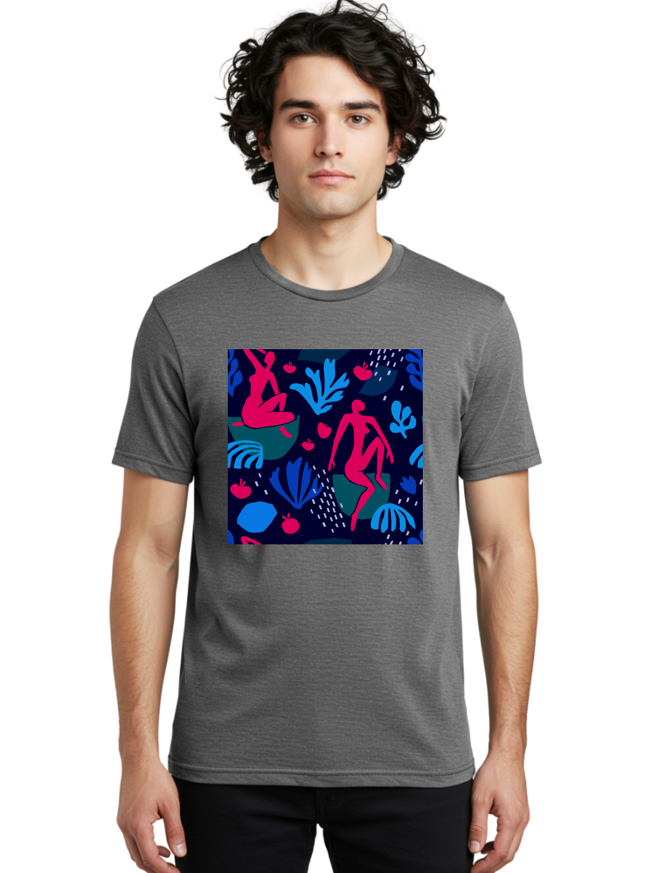 People-In-Nature Men'S Graphic Tee, 100% Cotton, Comfortable Casual Summer Wear, Machine Washable, Stylized Female Figures, Botanical Elements, Abstract Shapes, Vibrant Colors, Dynamic Composition, Modern Art, Surrealism, Creative Expression Aab624