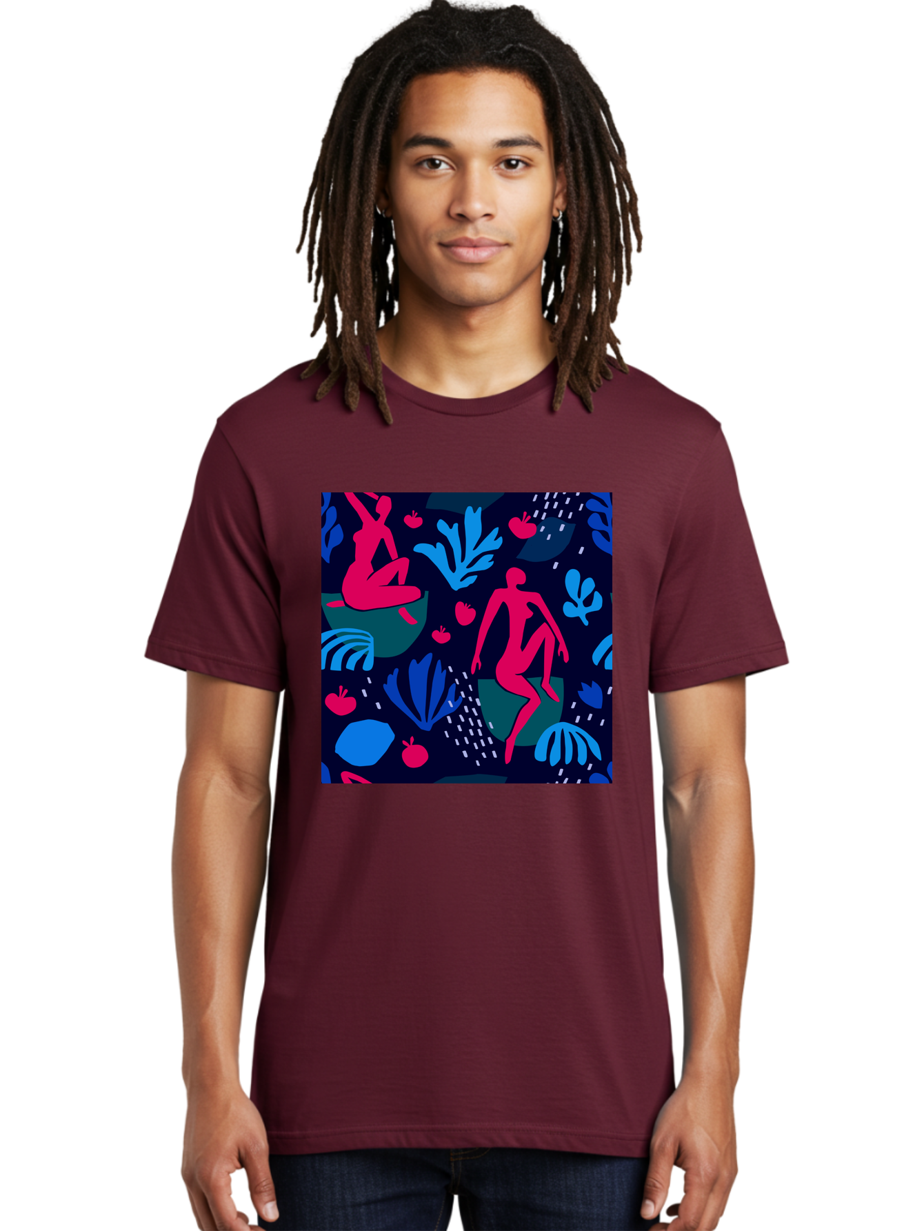 People-In-Nature Men'S Graphic Tee, 100% Cotton, Comfortable Casual Summer Wear, Machine Washable, Stylized Female Figures, Botanical Elements, Abstract Shapes, Vibrant Colors, Dynamic Composition, Modern Art, Surrealism, Creative Expression Aab624