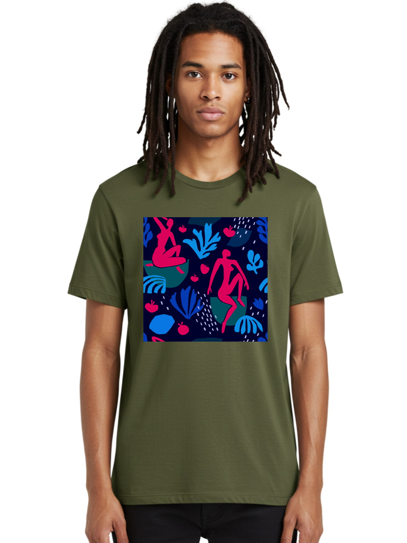 People-In-Nature Men'S Graphic Tee, 100% Cotton, Comfortable Casual Summer Wear, Machine Washable, Stylized Female Figures, Botanical Elements, Abstract Shapes, Vibrant Colors, Dynamic Composition, Modern Art, Surrealism, Creative Expression Aab624