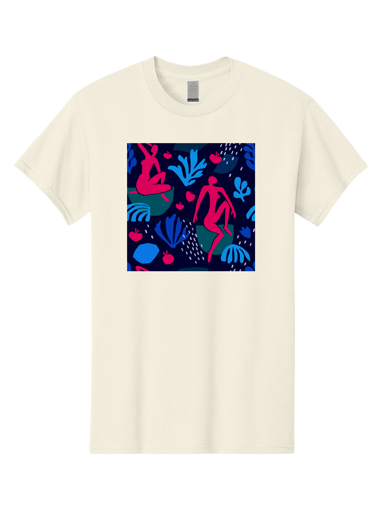People-In-Nature Men'S Graphic Tee, 100% Cotton, Comfortable Casual Summer Wear, Machine Washable, Stylized Female Figures, Botanical Elements, Abstract Shapes, Vibrant Colors, Dynamic Composition, Modern Art, Surrealism, Creative Expression Aab624