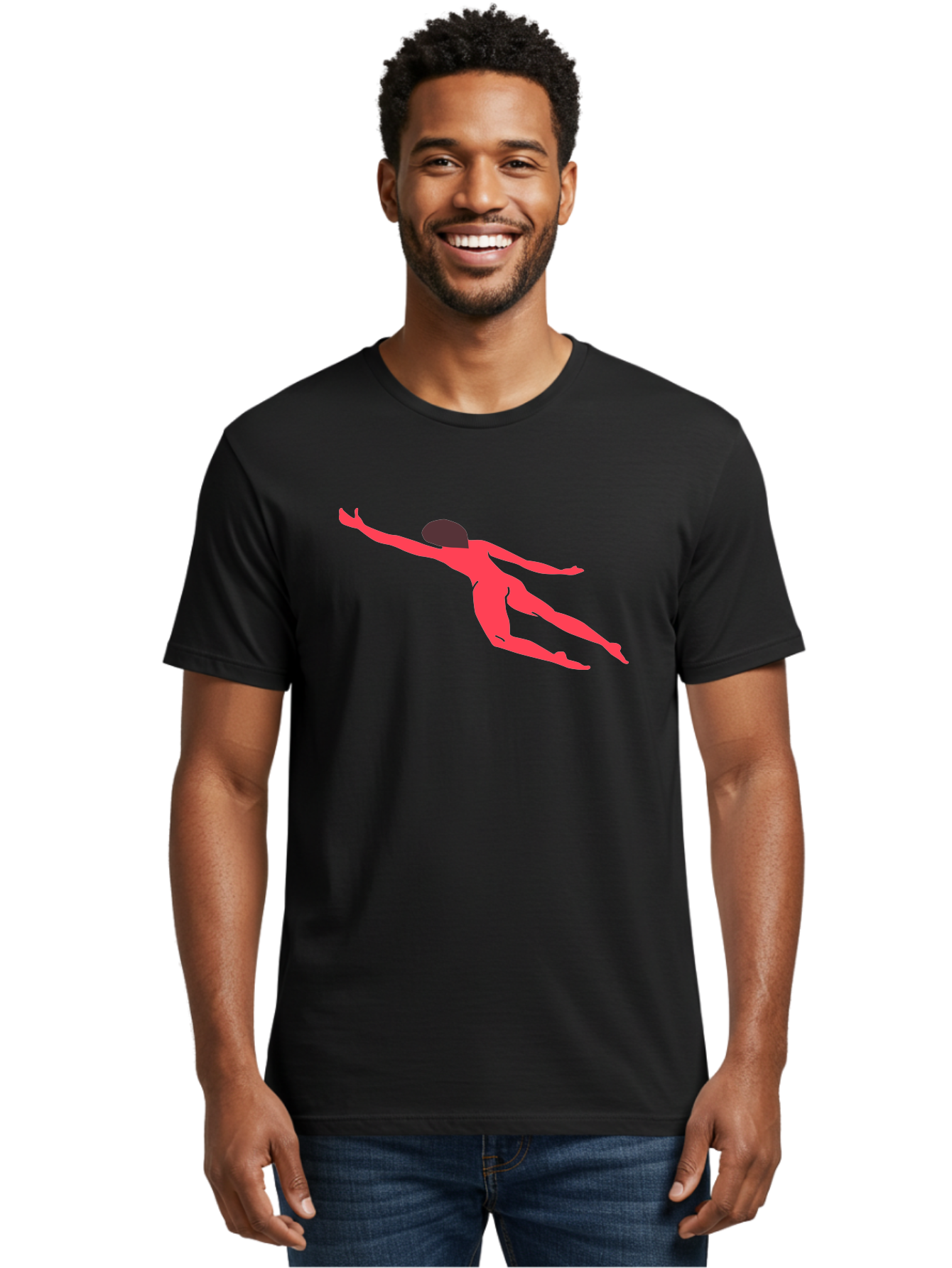 Pink-Silhouette Men'S Graphic Tee, 100% Cotton, Comfortable Casual Summer Wear, Machine Washable, Swimming Motion, Aquatic Activity, Sports, Dynamic Movement, Water Sports, Freestyle Swimmer, Red Figure, Fluid Motion Aab630
