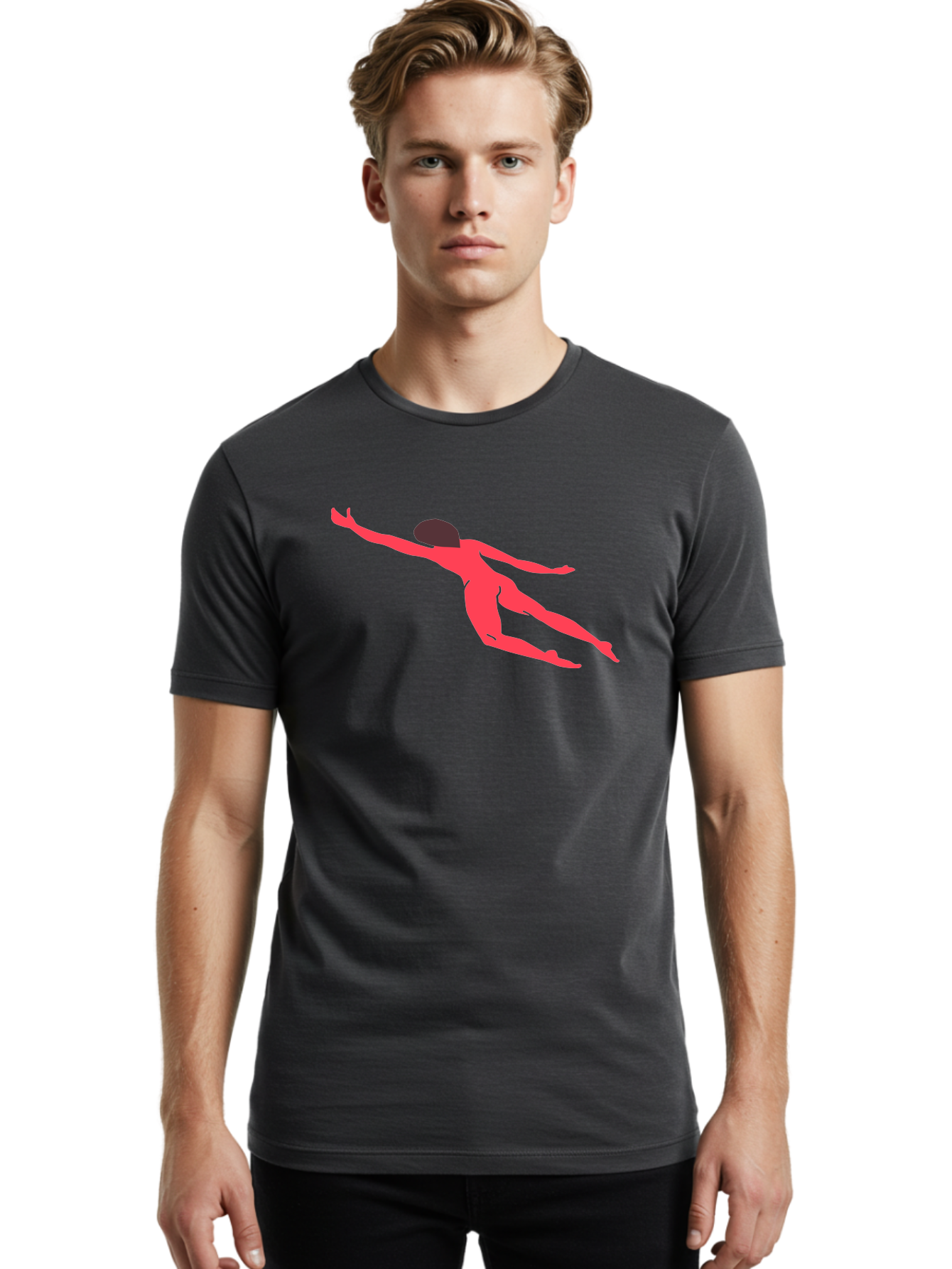 Pink-Silhouette Men'S Graphic Tee, 100% Cotton, Comfortable Casual Summer Wear, Machine Washable, Swimming Motion, Aquatic Activity, Sports, Dynamic Movement, Water Sports, Freestyle Swimmer, Red Figure, Fluid Motion Aab630