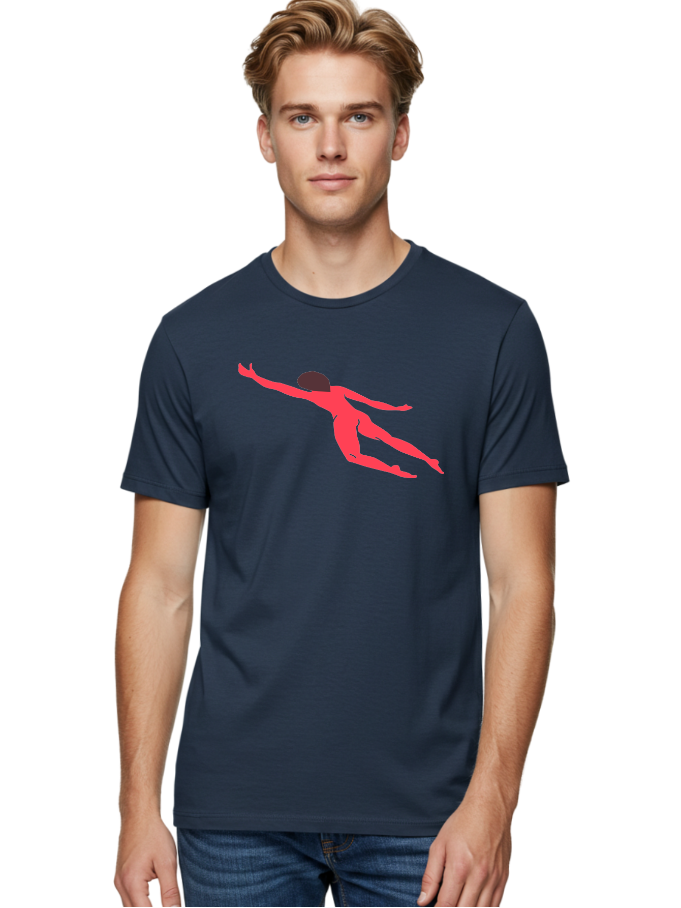 Pink-Silhouette Men'S Graphic Tee, 100% Cotton, Comfortable Casual Summer Wear, Machine Washable, Swimming Motion, Aquatic Activity, Sports, Dynamic Movement, Water Sports, Freestyle Swimmer, Red Figure, Fluid Motion Aab630