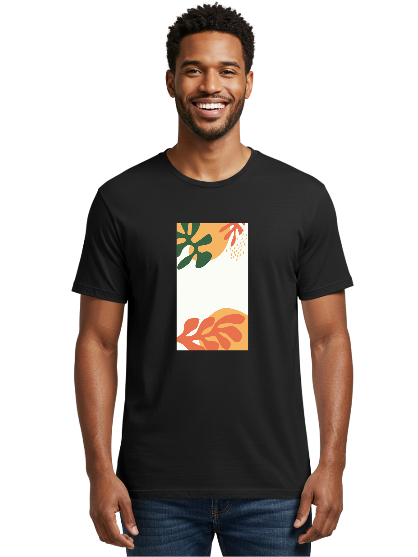 Tropical-Leaves Men'S Graphic Tee, 100% Cotton, Comfortable Casual Summer Wear, Machine Washable, Tropical Leaves, Abstract Art, Modern Design, Minimalist Style, Orange And Green Hues, Creative Graphics, Digital Illustration, Contemporary Art Aab636
