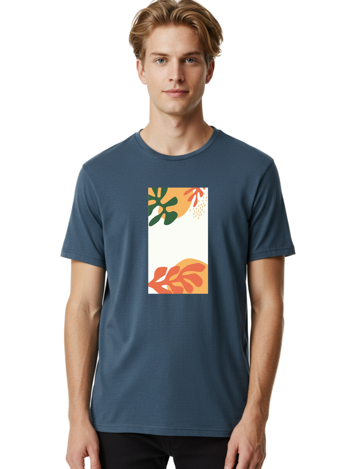 Tropical-Leaves Men'S Graphic Tee, 100% Cotton, Comfortable Casual Summer Wear, Machine Washable, Tropical Leaves, Abstract Art, Modern Design, Minimalist Style, Orange And Green Hues, Creative Graphics, Digital Illustration, Contemporary Art Aab636
