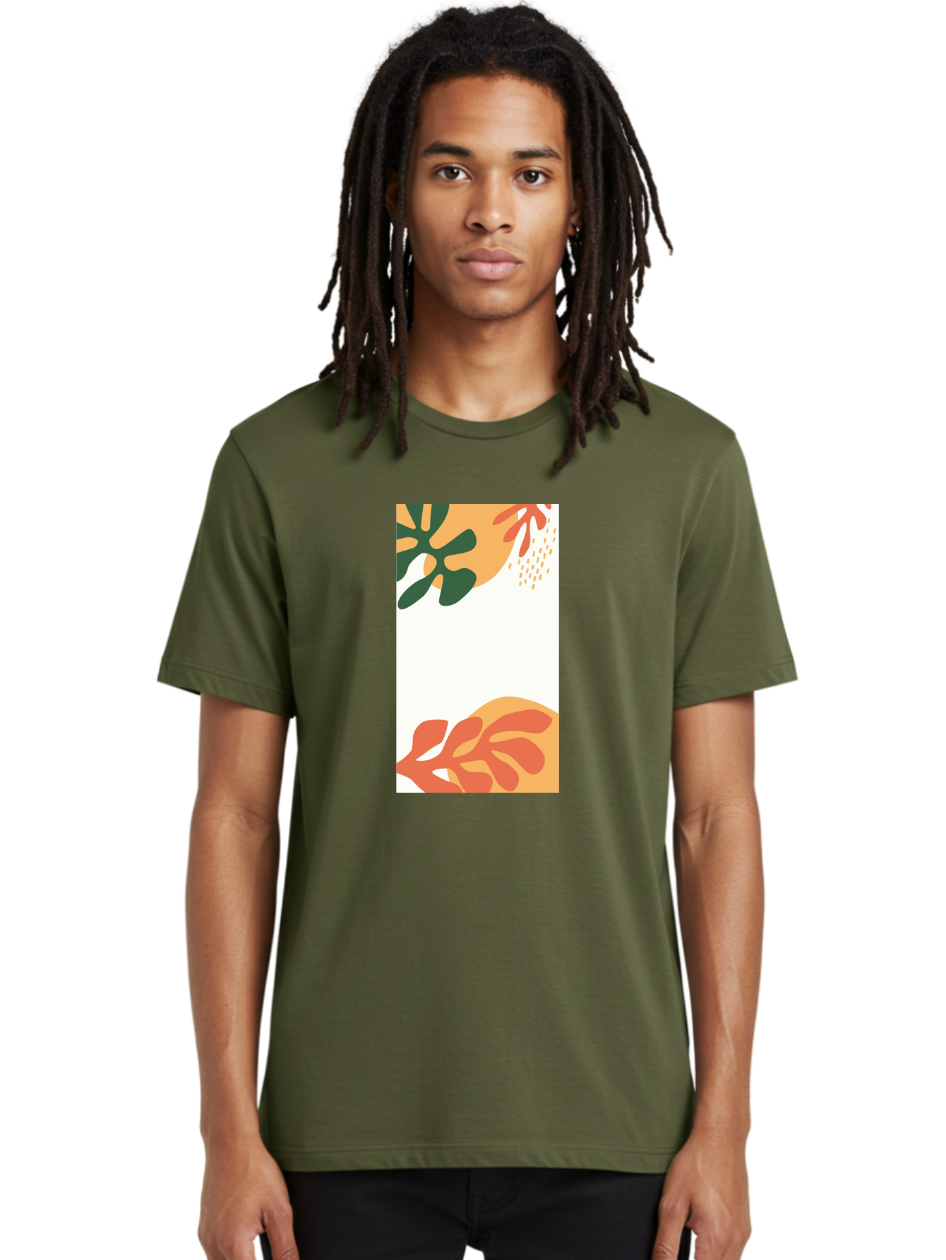 Tropical-Leaves Men'S Graphic Tee, 100% Cotton, Comfortable Casual Summer Wear, Machine Washable, Tropical Leaves, Abstract Art, Modern Design, Minimalist Style, Orange And Green Hues, Creative Graphics, Digital Illustration, Contemporary Art Aab636