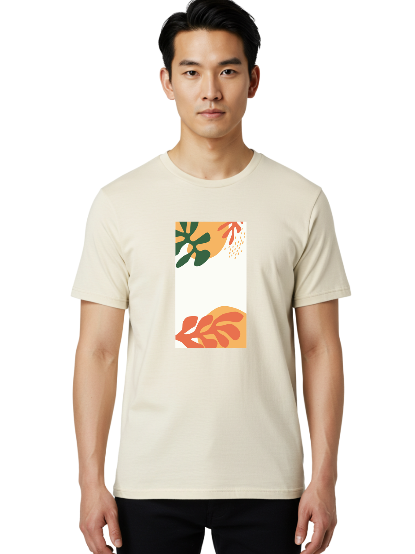 Tropical-Leaves Men'S Graphic Tee, 100% Cotton, Comfortable Casual Summer Wear, Machine Washable, Tropical Leaves, Abstract Art, Modern Design, Minimalist Style, Orange And Green Hues, Creative Graphics, Digital Illustration, Contemporary Art Aab636