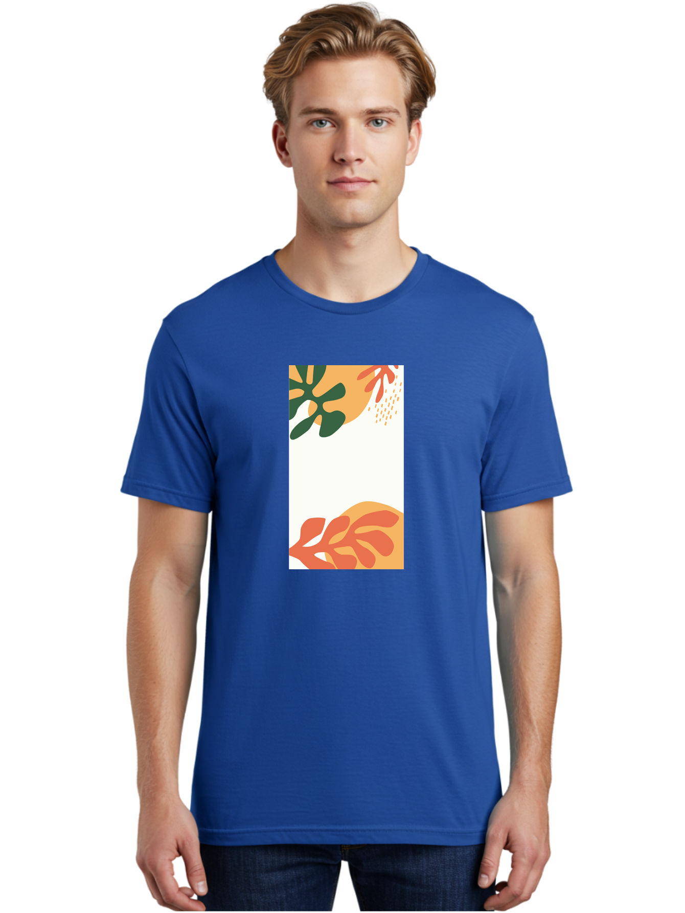 Tropical-Leaves Men'S Graphic Tee, 100% Cotton, Comfortable Casual Summer Wear, Machine Washable, Tropical Leaves, Abstract Art, Modern Design, Minimalist Style, Orange And Green Hues, Creative Graphics, Digital Illustration, Contemporary Art Aab636