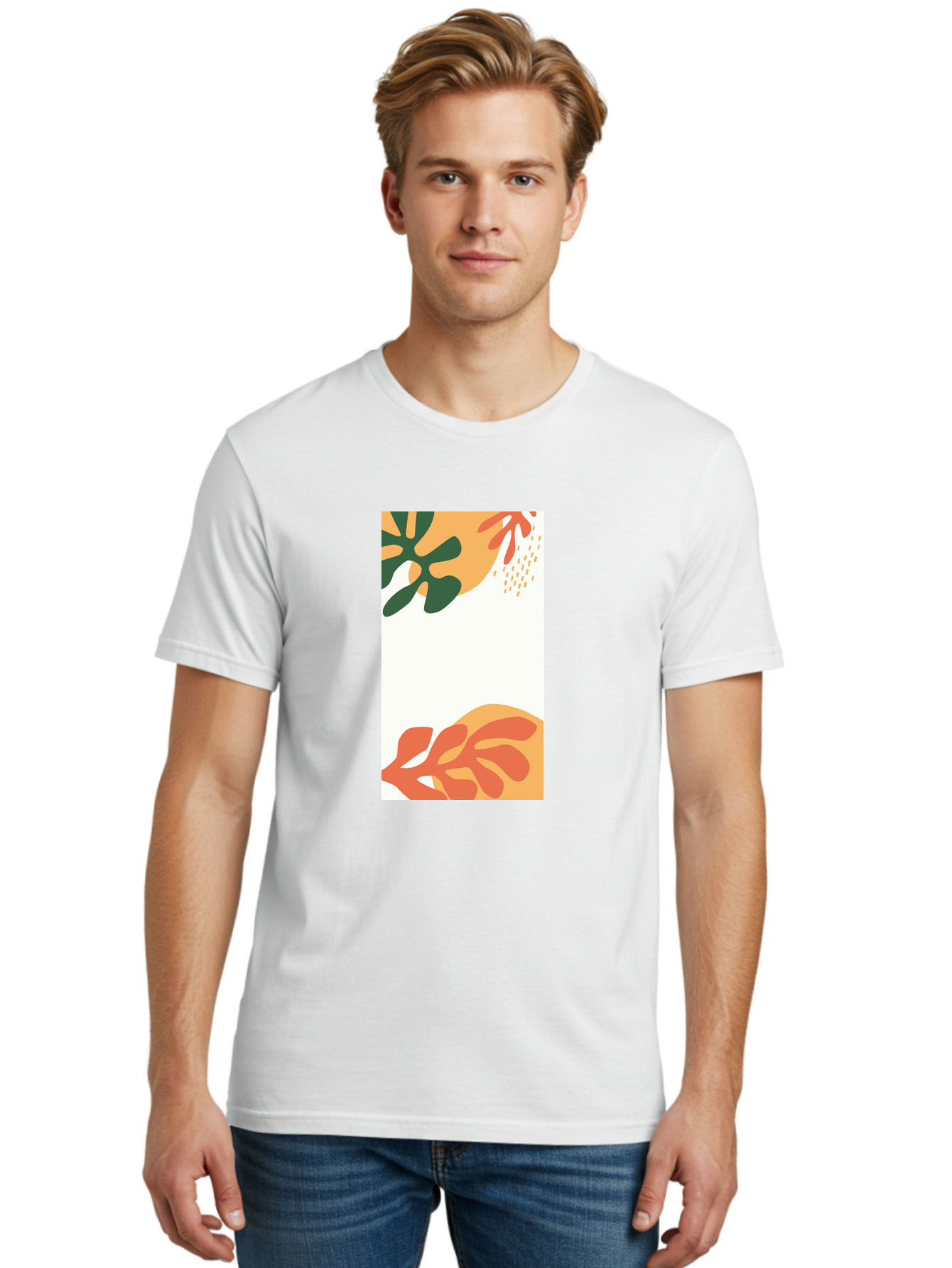 Tropical-Leaves Men'S Graphic Tee, 100% Cotton, Comfortable Casual Summer Wear, Machine Washable, Tropical Leaves, Abstract Art, Modern Design, Minimalist Style, Orange And Green Hues, Creative Graphics, Digital Illustration, Contemporary Art Aab636
