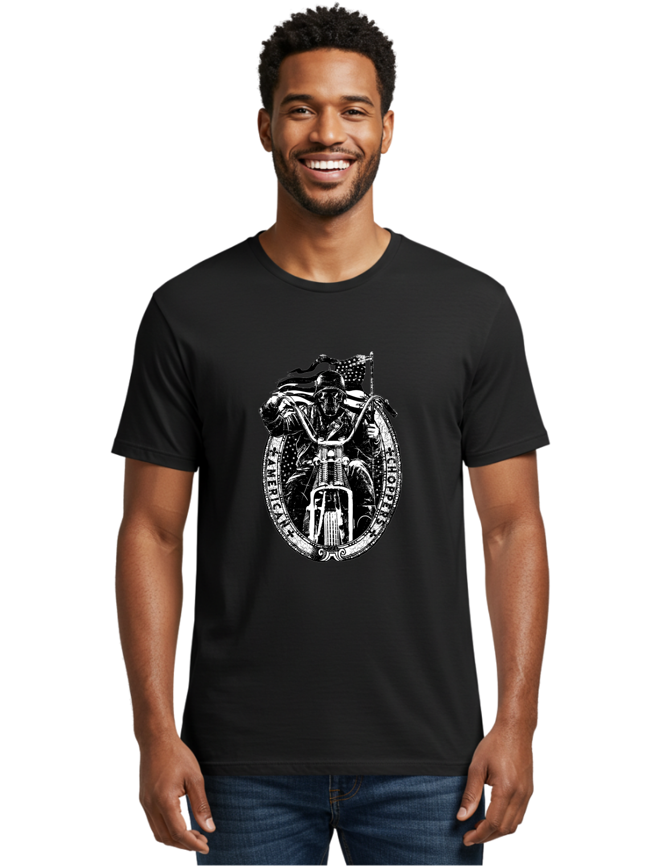 American-Chopper Men'S Graphic Tee, 100% Cotton, Comfortable Casual Summer Wear, Machine Washable, Motorcycle Culture, Biker Graphics, Patriotic Symbol, Chopper Bike, Skull Rider, American Flag, Bold Design, Black And White Illustration, Aab642