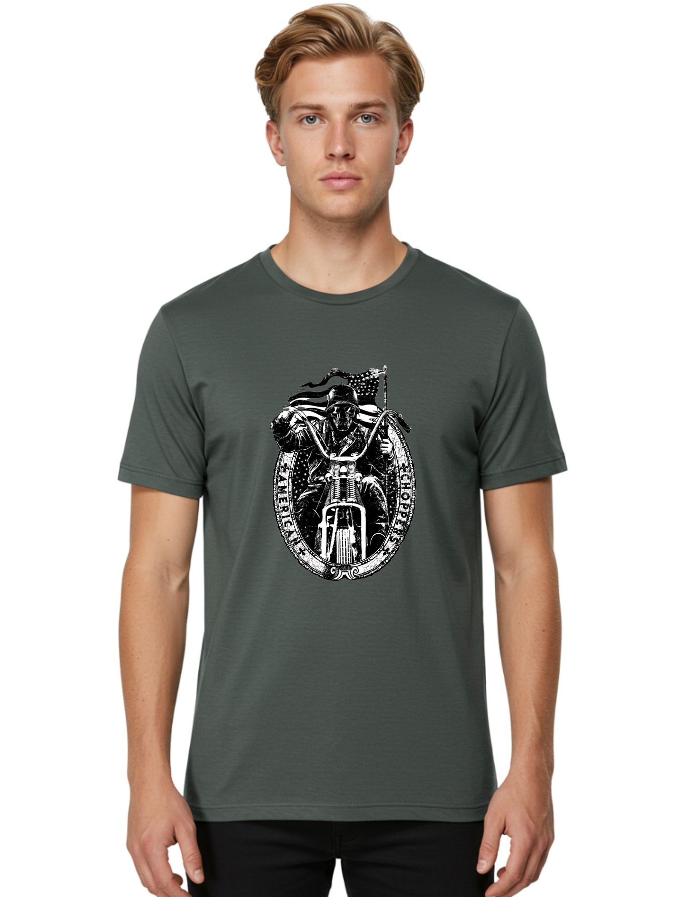 American-Chopper Men'S Graphic Tee, 100% Cotton, Comfortable Casual Summer Wear, Machine Washable, Motorcycle Culture, Biker Graphics, Patriotic Symbol, Chopper Bike, Skull Rider, American Flag, Bold Design, Black And White Illustration, Aab642