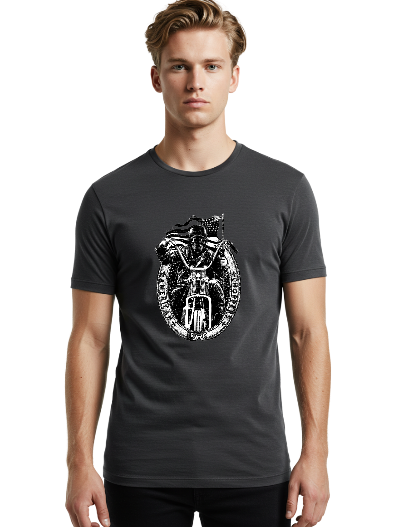 American-Chopper Men'S Graphic Tee, 100% Cotton, Comfortable Casual Summer Wear, Machine Washable, Motorcycle Culture, Biker Graphics, Patriotic Symbol, Chopper Bike, Skull Rider, American Flag, Bold Design, Black And White Illustration, Aab642