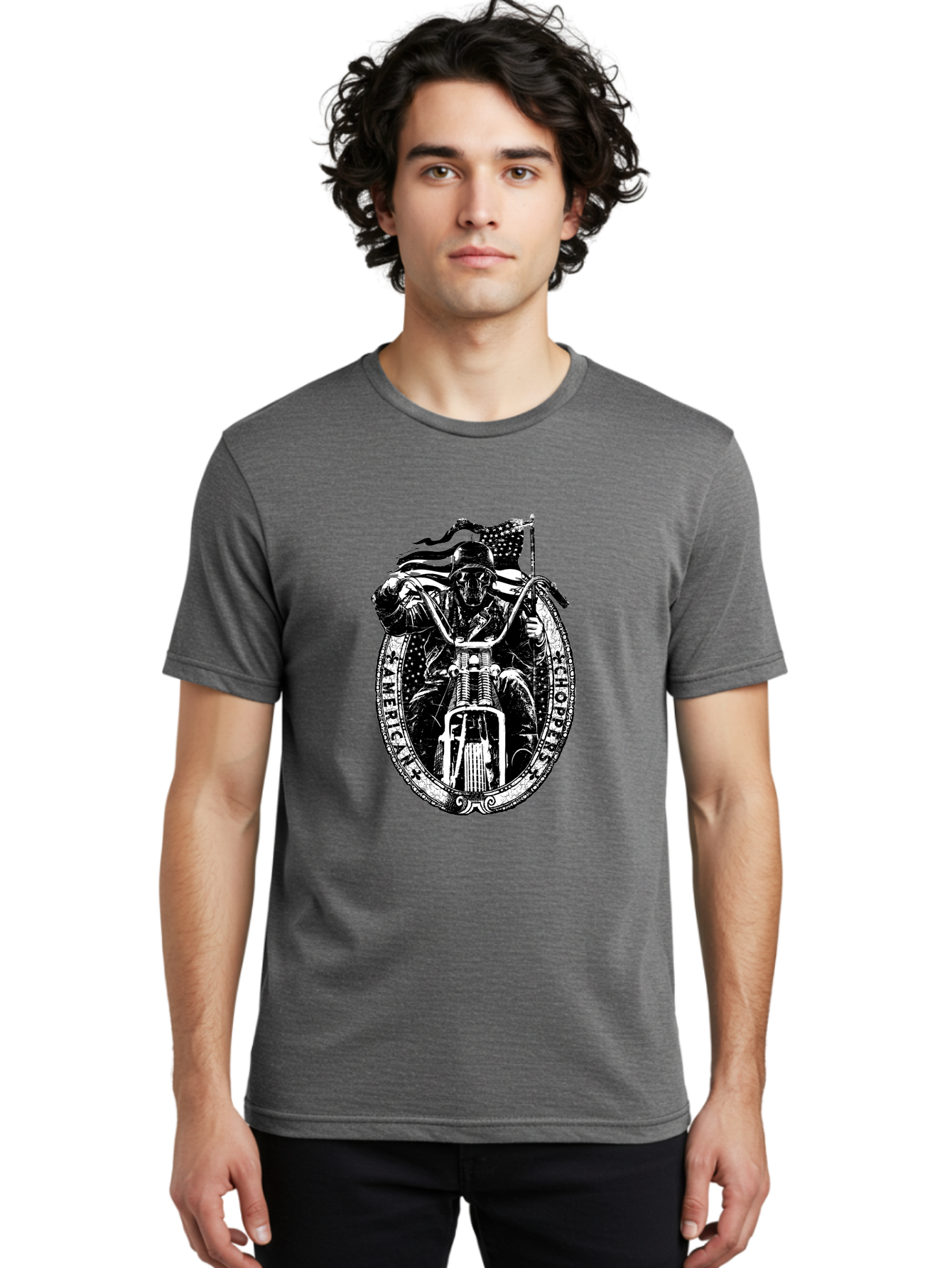 American-Chopper Men'S Graphic Tee, 100% Cotton, Comfortable Casual Summer Wear, Machine Washable, Motorcycle Culture, Biker Graphics, Patriotic Symbol, Chopper Bike, Skull Rider, American Flag, Bold Design, Black And White Illustration, Aab642