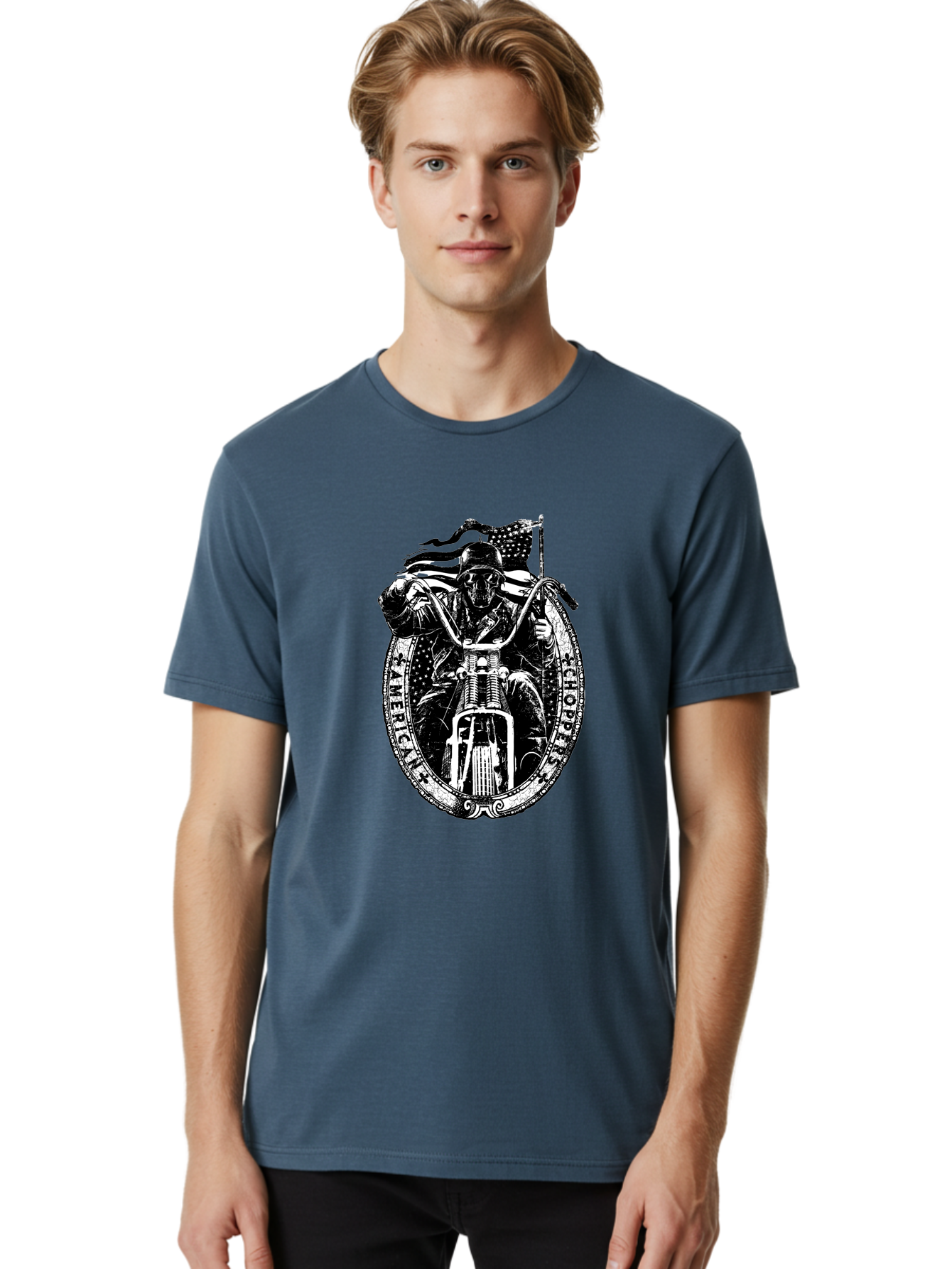 American-Chopper Men'S Graphic Tee, 100% Cotton, Comfortable Casual Summer Wear, Machine Washable, Motorcycle Culture, Biker Graphics, Patriotic Symbol, Chopper Bike, Skull Rider, American Flag, Bold Design, Black And White Illustration, Aab642