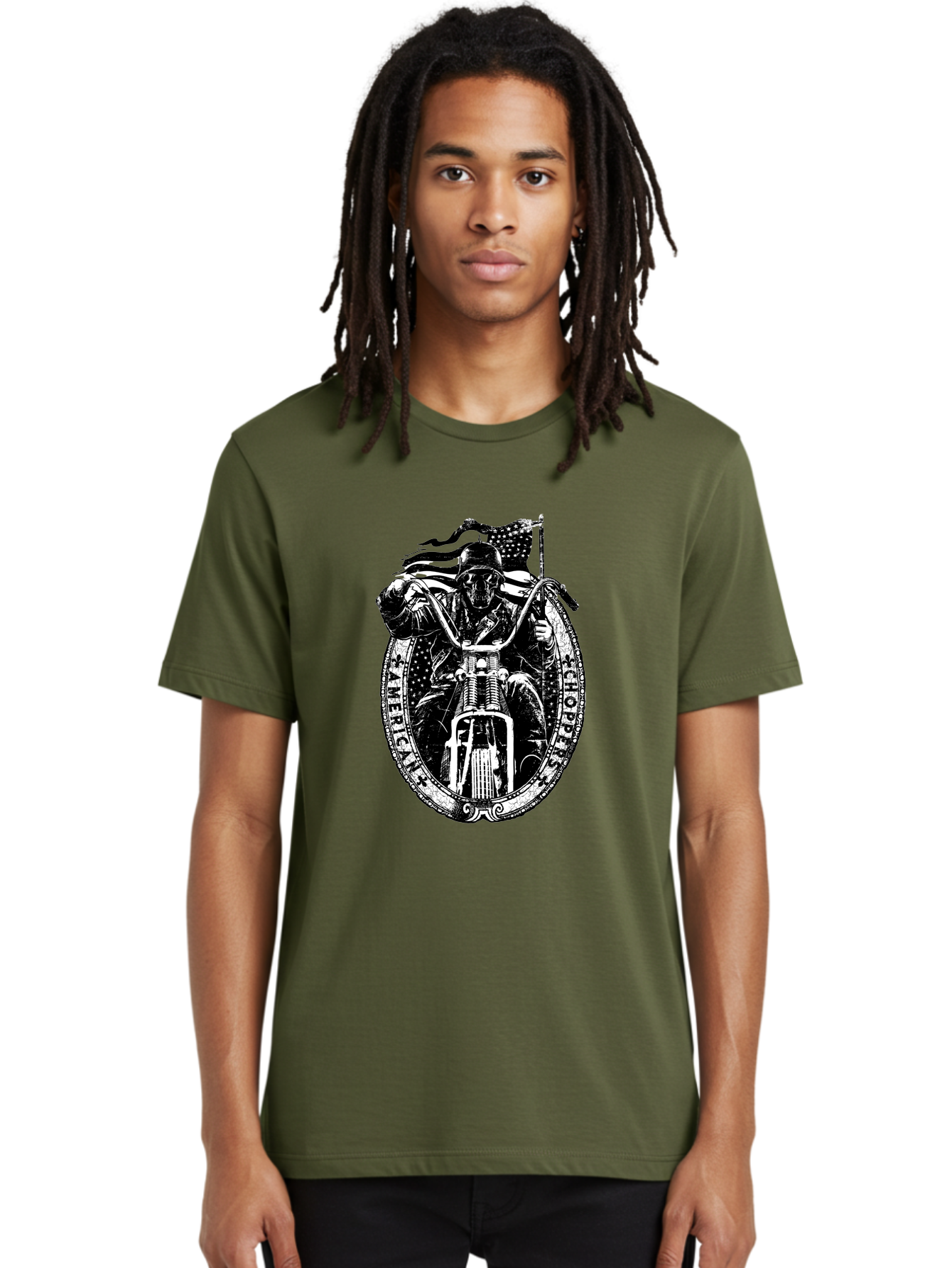 American-Chopper Men'S Graphic Tee, 100% Cotton, Comfortable Casual Summer Wear, Machine Washable, Motorcycle Culture, Biker Graphics, Patriotic Symbol, Chopper Bike, Skull Rider, American Flag, Bold Design, Black And White Illustration, Aab642