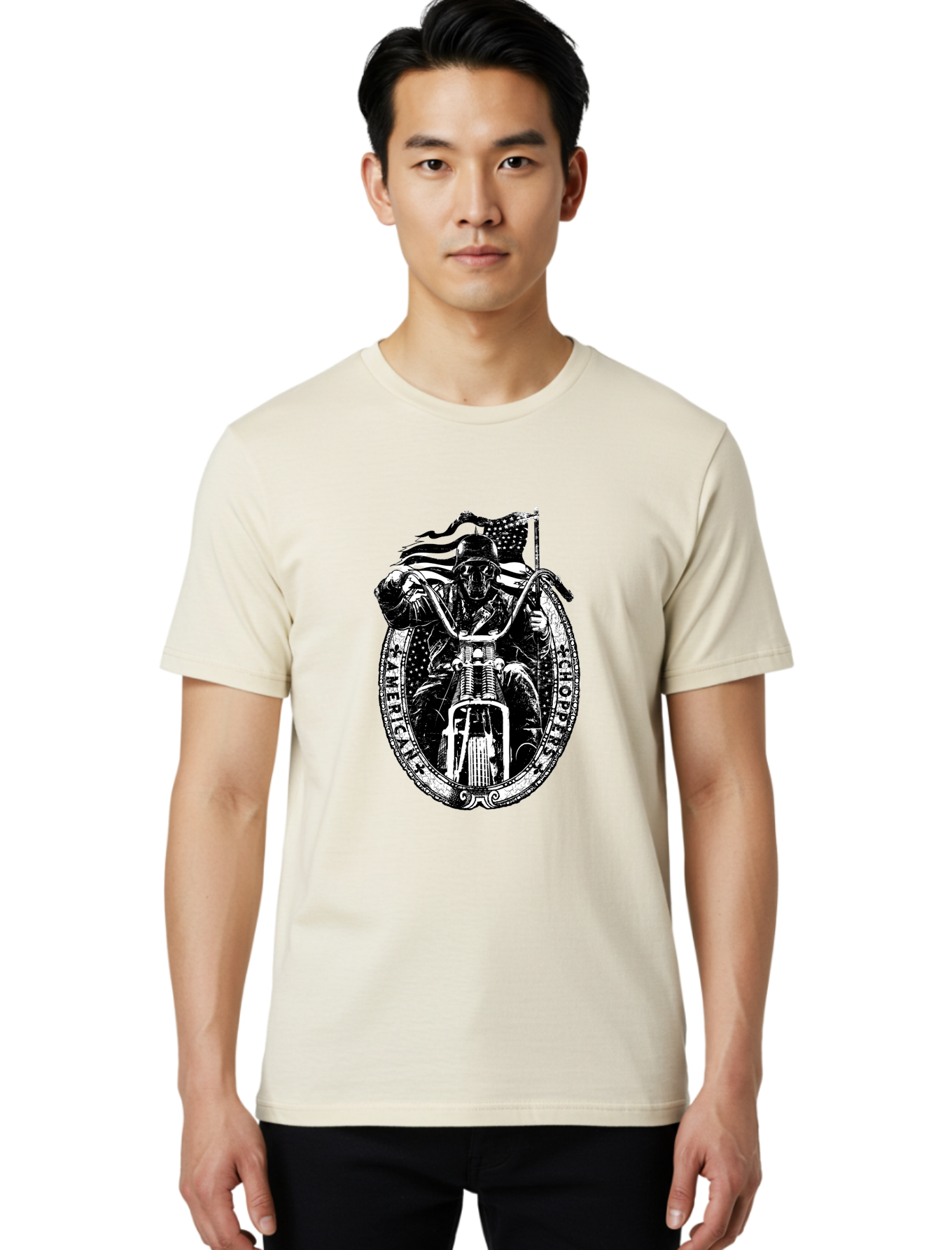 American-Chopper Men'S Graphic Tee, 100% Cotton, Comfortable Casual Summer Wear, Machine Washable, Motorcycle Culture, Biker Graphics, Patriotic Symbol, Chopper Bike, Skull Rider, American Flag, Bold Design, Black And White Illustration, Aab642