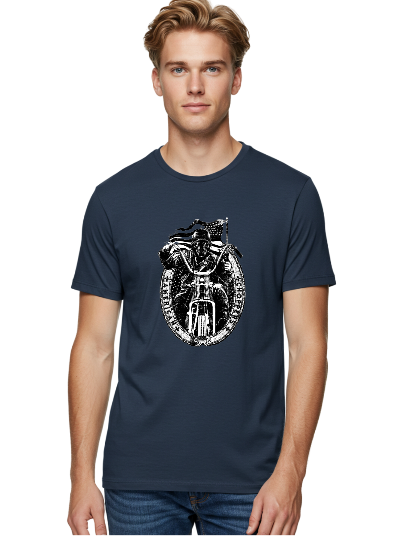 American-Chopper Men'S Graphic Tee, 100% Cotton, Comfortable Casual Summer Wear, Machine Washable, Motorcycle Culture, Biker Graphics, Patriotic Symbol, Chopper Bike, Skull Rider, American Flag, Bold Design, Black And White Illustration, Aab642
