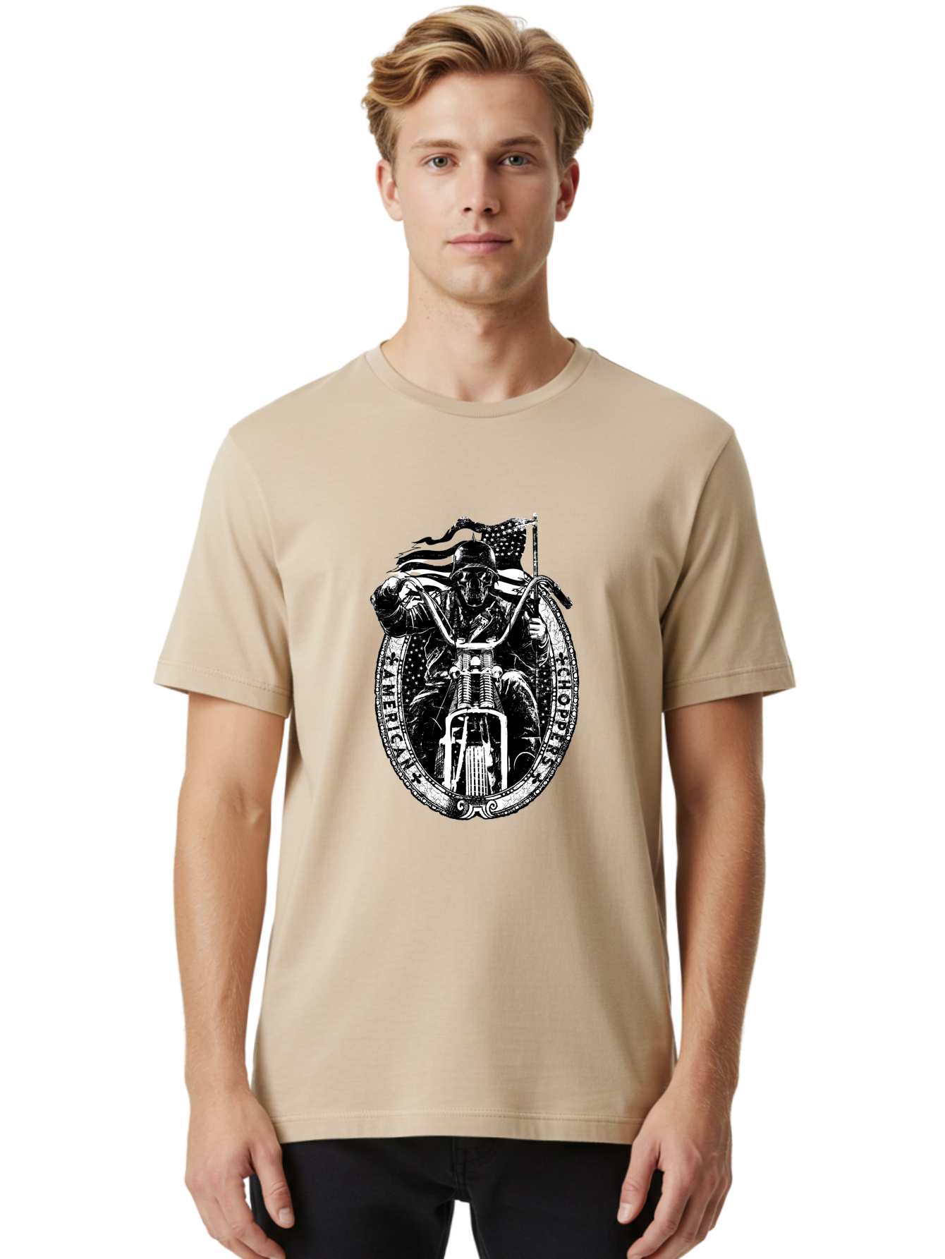 American-Chopper Men'S Graphic Tee, 100% Cotton, Comfortable Casual Summer Wear, Machine Washable, Motorcycle Culture, Biker Graphics, Patriotic Symbol, Chopper Bike, Skull Rider, American Flag, Bold Design, Black And White Illustration, Aab642