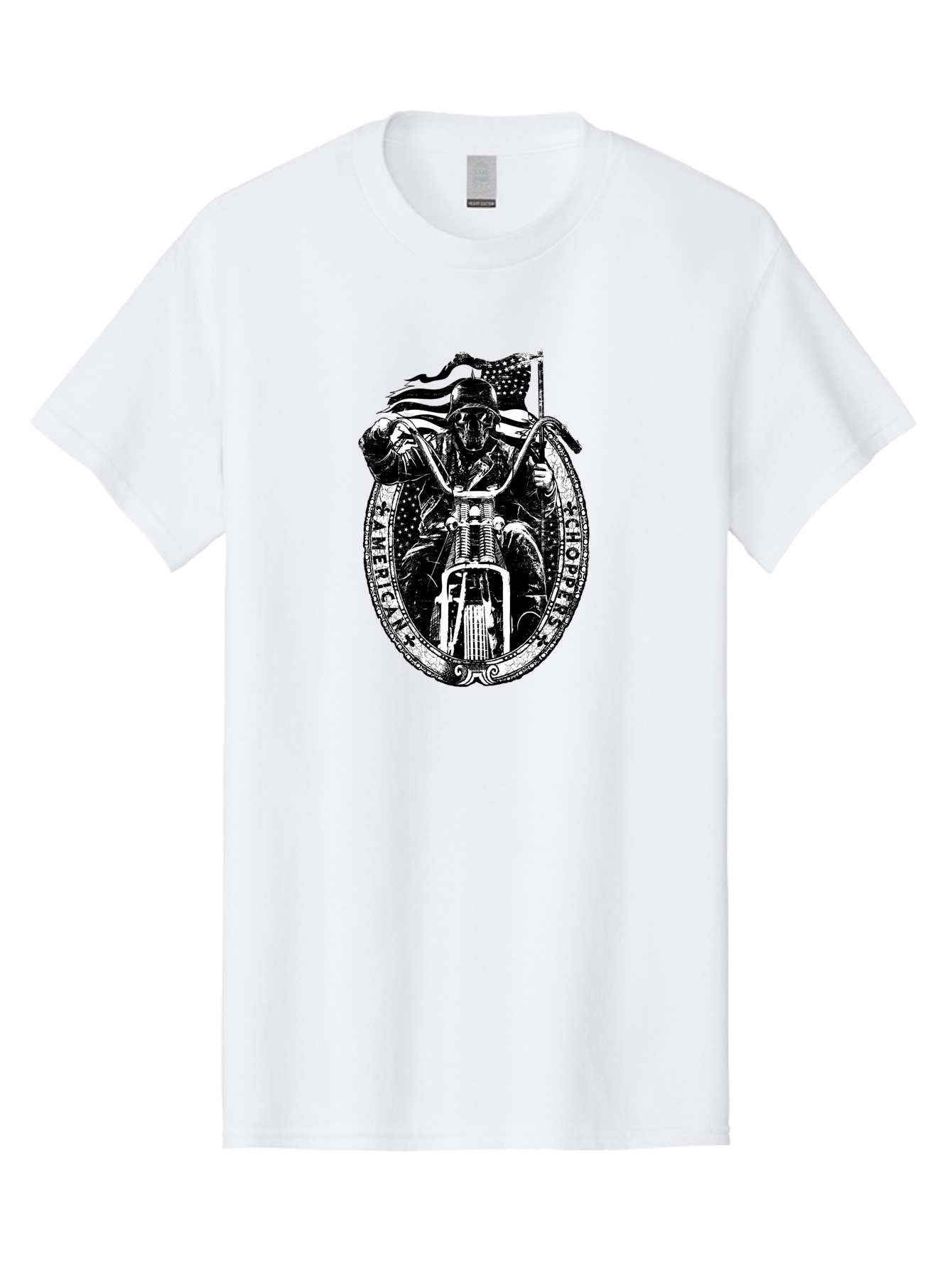 American-Chopper Men'S Graphic Tee, 100% Cotton, Comfortable Casual Summer Wear, Machine Washable, Motorcycle Culture, Biker Graphics, Patriotic Symbol, Chopper Bike, Skull Rider, American Flag, Bold Design, Black And White Illustration, Aab642