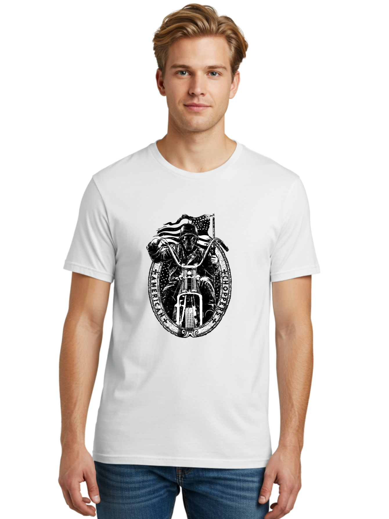 American-Chopper Men'S Graphic Tee, 100% Cotton, Comfortable Casual Summer Wear, Machine Washable, Motorcycle Culture, Biker Graphics, Patriotic Symbol, Chopper Bike, Skull Rider, American Flag, Bold Design, Black And White Illustration, Aab642