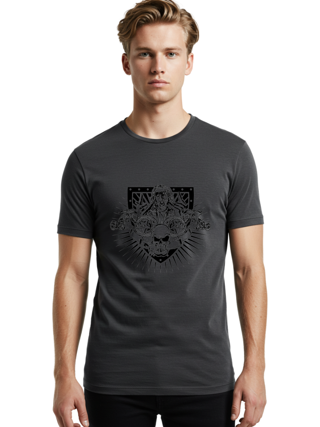 Biker-With-Skull Men'S Graphic Tee, 100% Cotton, Comfortable Casual Summer Wear, Machine Washable, Biker With Leather Jacket, Skull With Horns, Motorcycles, Rock And Roll Style, Biker Culture, Bold Illustration, Black And White Design, Aab643