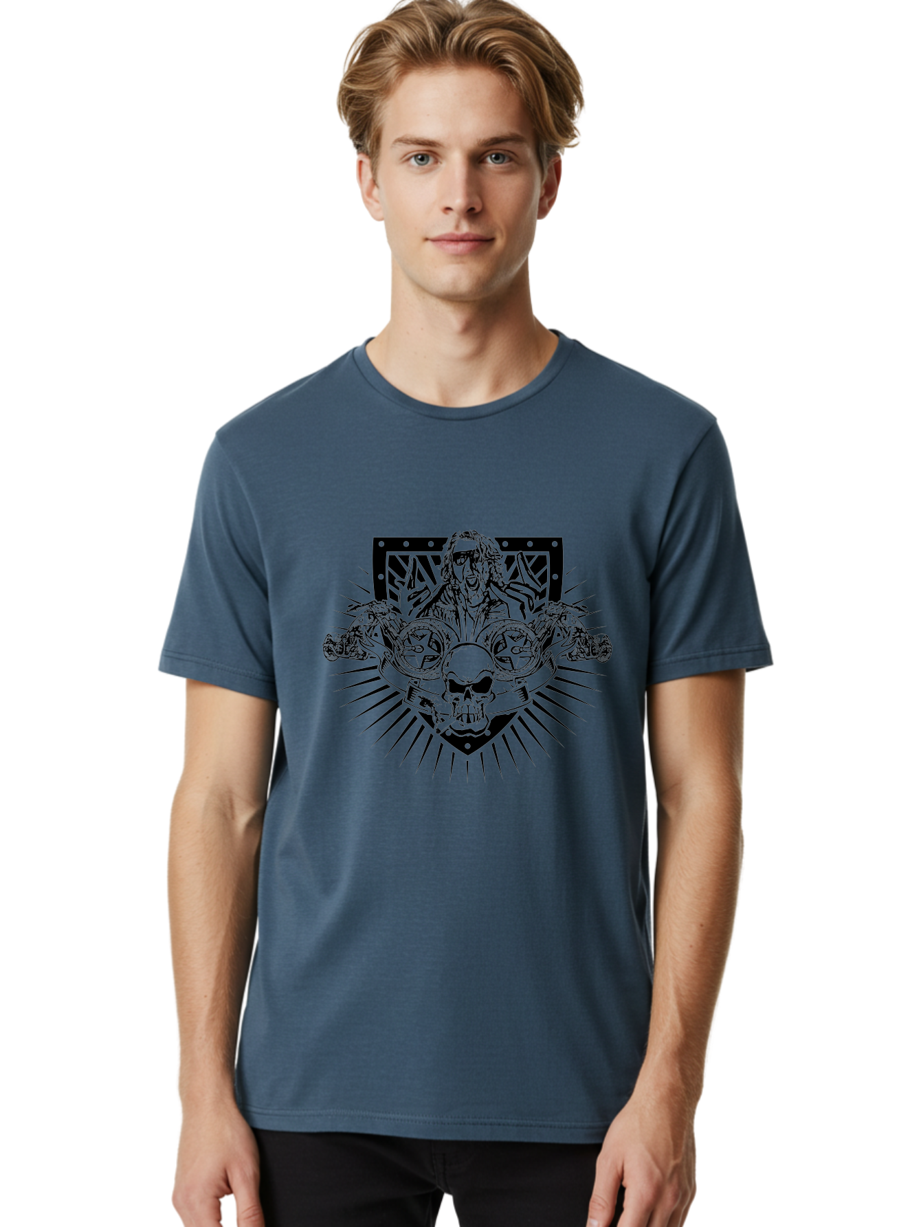 Biker-With-Skull Men'S Graphic Tee, 100% Cotton, Comfortable Casual Summer Wear, Machine Washable, Biker With Leather Jacket, Skull With Horns, Motorcycles, Rock And Roll Style, Biker Culture, Bold Illustration, Black And White Design, Aab643
