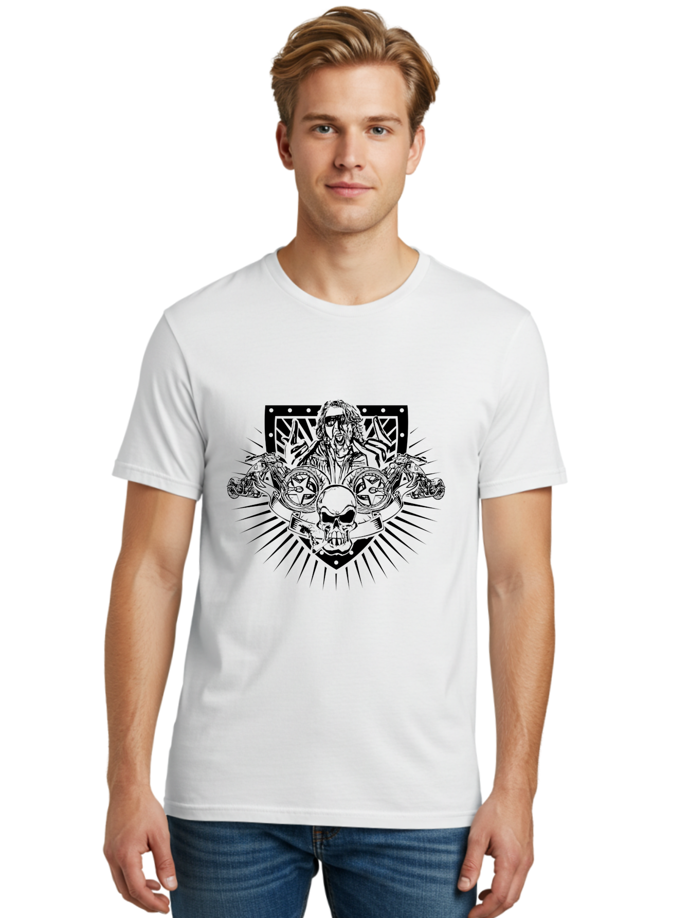 Biker-With-Skull Men'S Graphic Tee, 100% Cotton, Comfortable Casual Summer Wear, Machine Washable, Biker With Leather Jacket, Skull With Horns, Motorcycles, Rock And Roll Style, Biker Culture, Bold Illustration, Black And White Design, Aab643