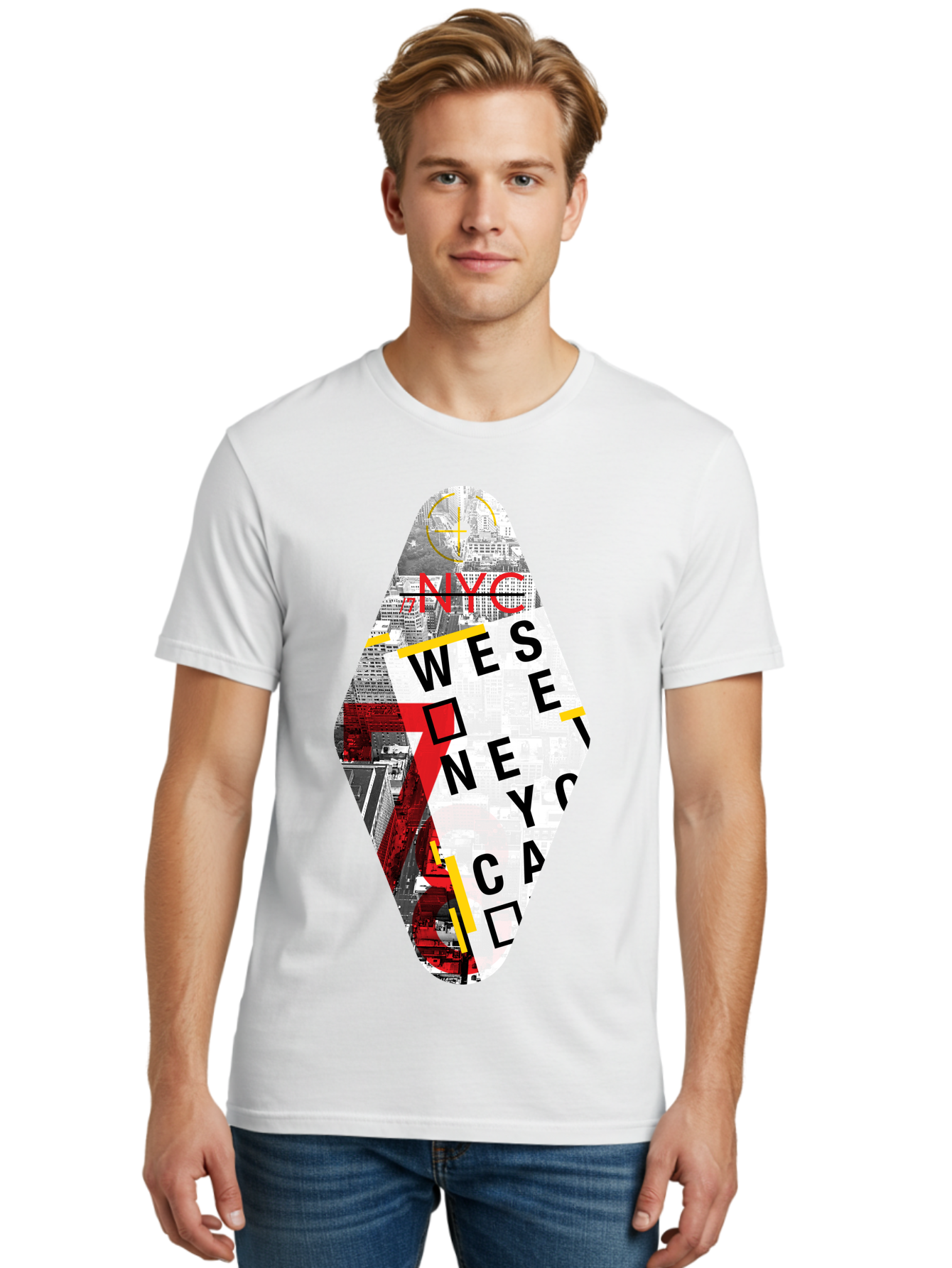 Nyc-West-New-York Men'S Graphic Tee, 100% Cotton, Comfortable Casual Summer Wear, Machine Washable, New York City, Cityscape, Urban Landscape, Abstract Art, Collage, Typography, Modern Design, City Views, Nyc Landmarks, Wesee Concept Aab646