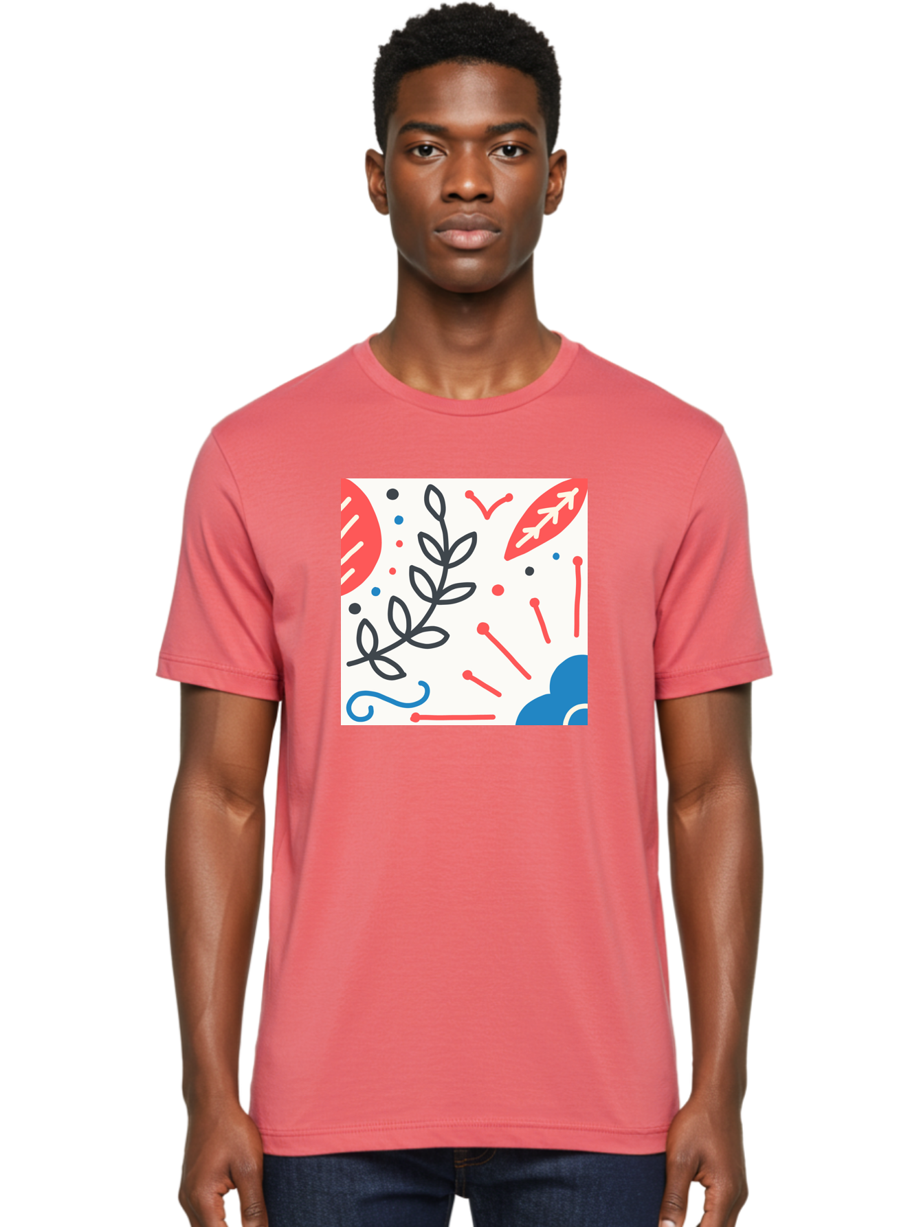 Abstract-Composition Men'S Graphic Tee, 100% Cotton, Comfortable Casual Summer Wear, Machine Washable, Abstract Floral Design, Minimalist Art, Red And Blue Accents, Simple Shapes, Creative Expression, Modern Aesthetic, Decorative Elements, Aab649