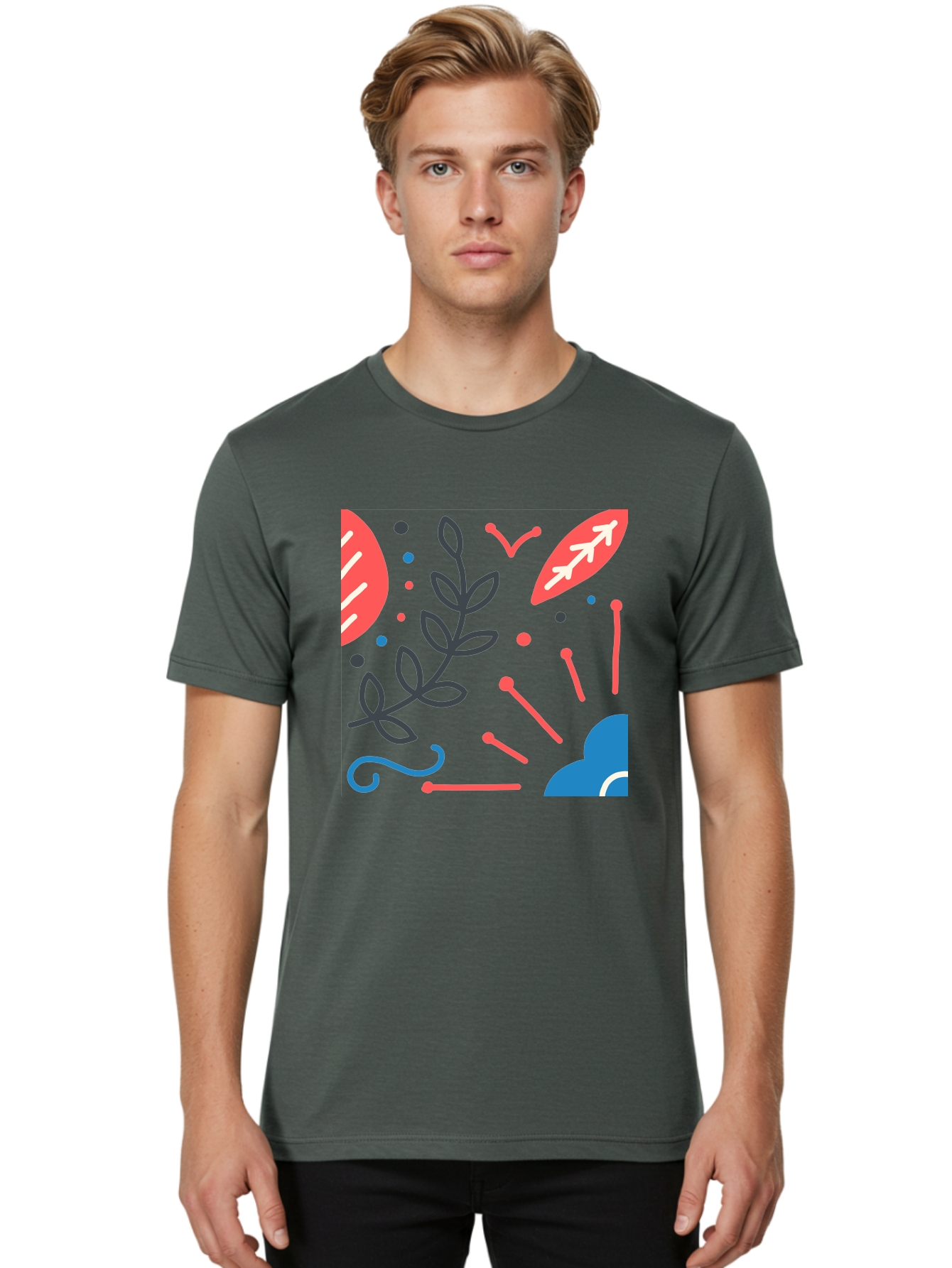 Abstract-Floral-Pattern-2 Men'S Graphic Tee, 100% Cotton, Comfortable Casual Summer Wear, Machine Washable, Memphis Pattern, Abstract Design, Colorful Shapes, Playful Art, Trendy Graphics, Modern Illustration, Vibrant Leaves, Aab651