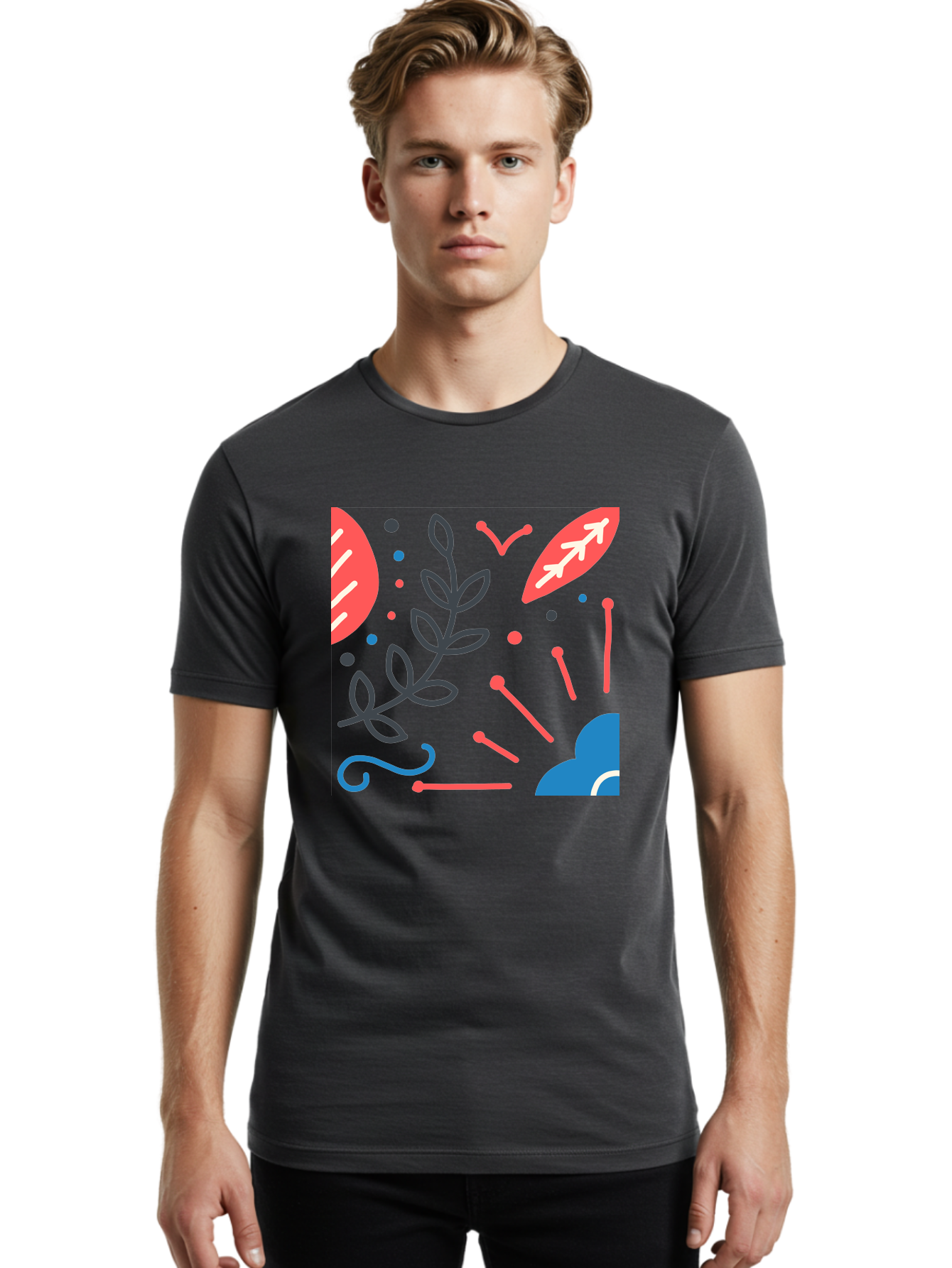 Abstract-Floral-Pattern-2 Men'S Graphic Tee, 100% Cotton, Comfortable Casual Summer Wear, Machine Washable, Memphis Pattern, Abstract Design, Colorful Shapes, Playful Art, Trendy Graphics, Modern Illustration, Vibrant Leaves, Aab651